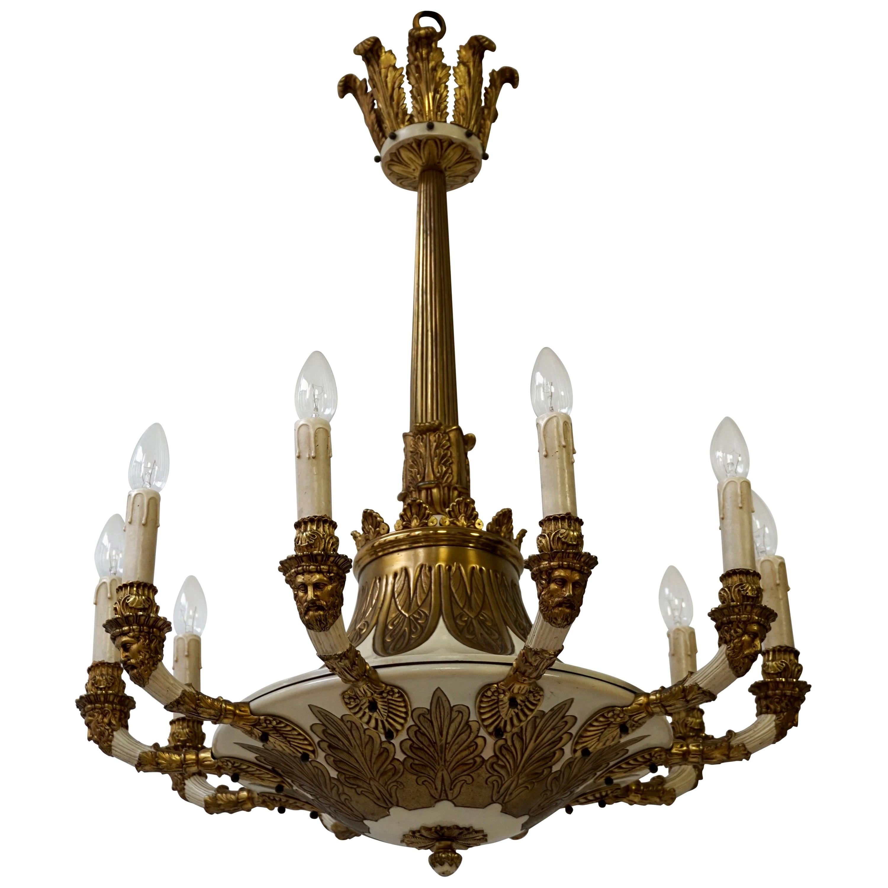 Spectacular Ten Arms Brass White Painted Chandelier with Men's Head