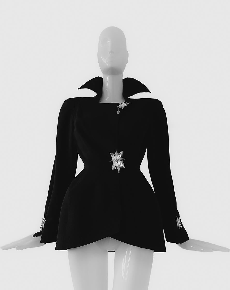 Women's Spectacular Thierry Mugler Jacket Crystal Jewel Black Dramatic Sculptural  For Sale