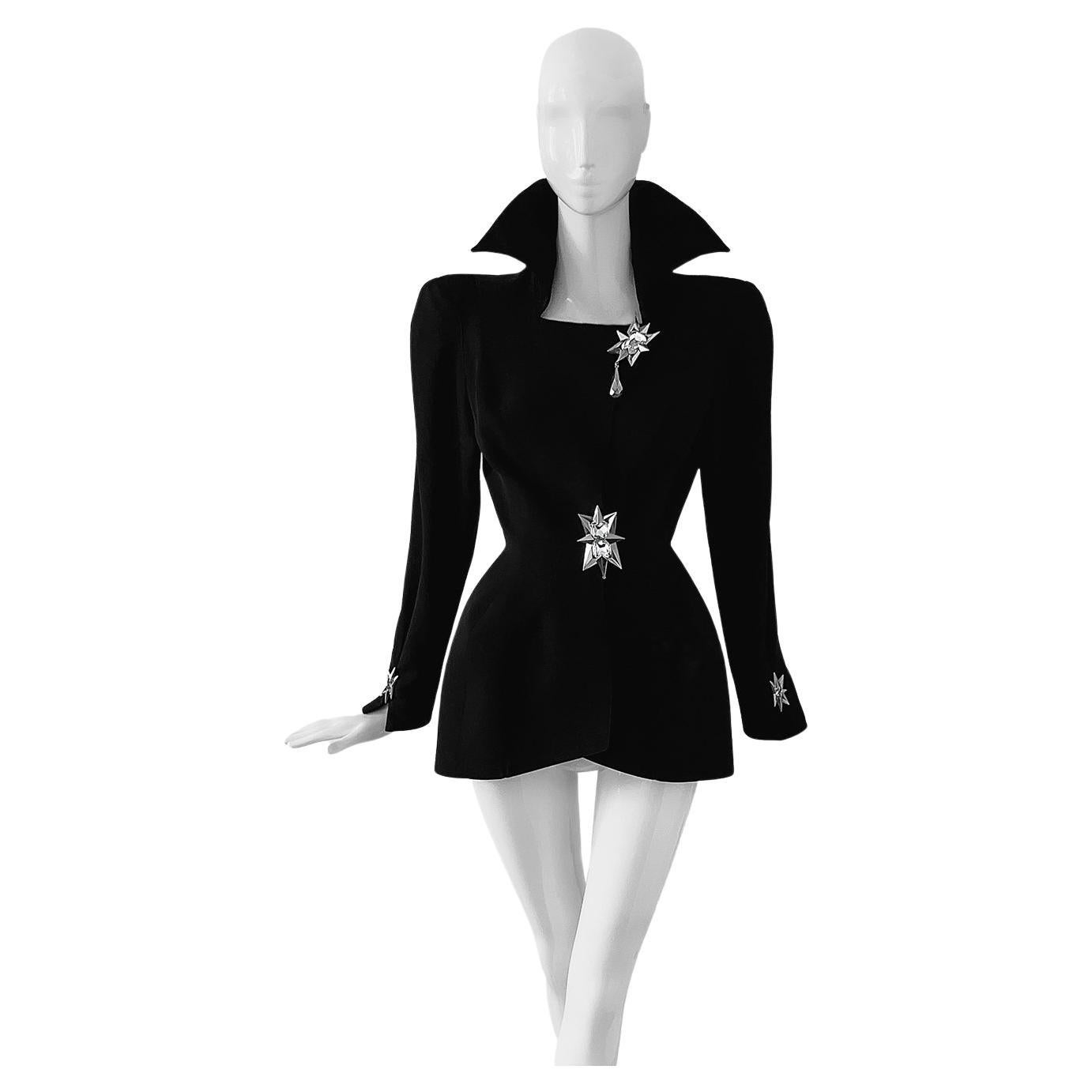 Spectacular Thierry Mugler Jacket Crystal Jewel Black Dramatic Sculptural  For Sale