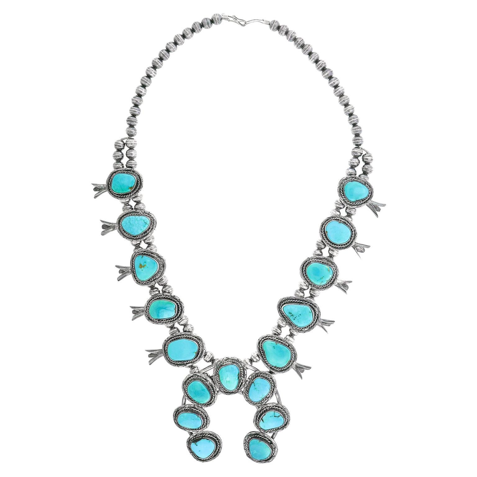 Spectacular Turquoise-Set Navajo Squash Blossom Necklace