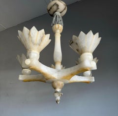 Espectacular y Único Colgante / Araña de 5 Luces de Alabastro Blanco en Forma de Flor