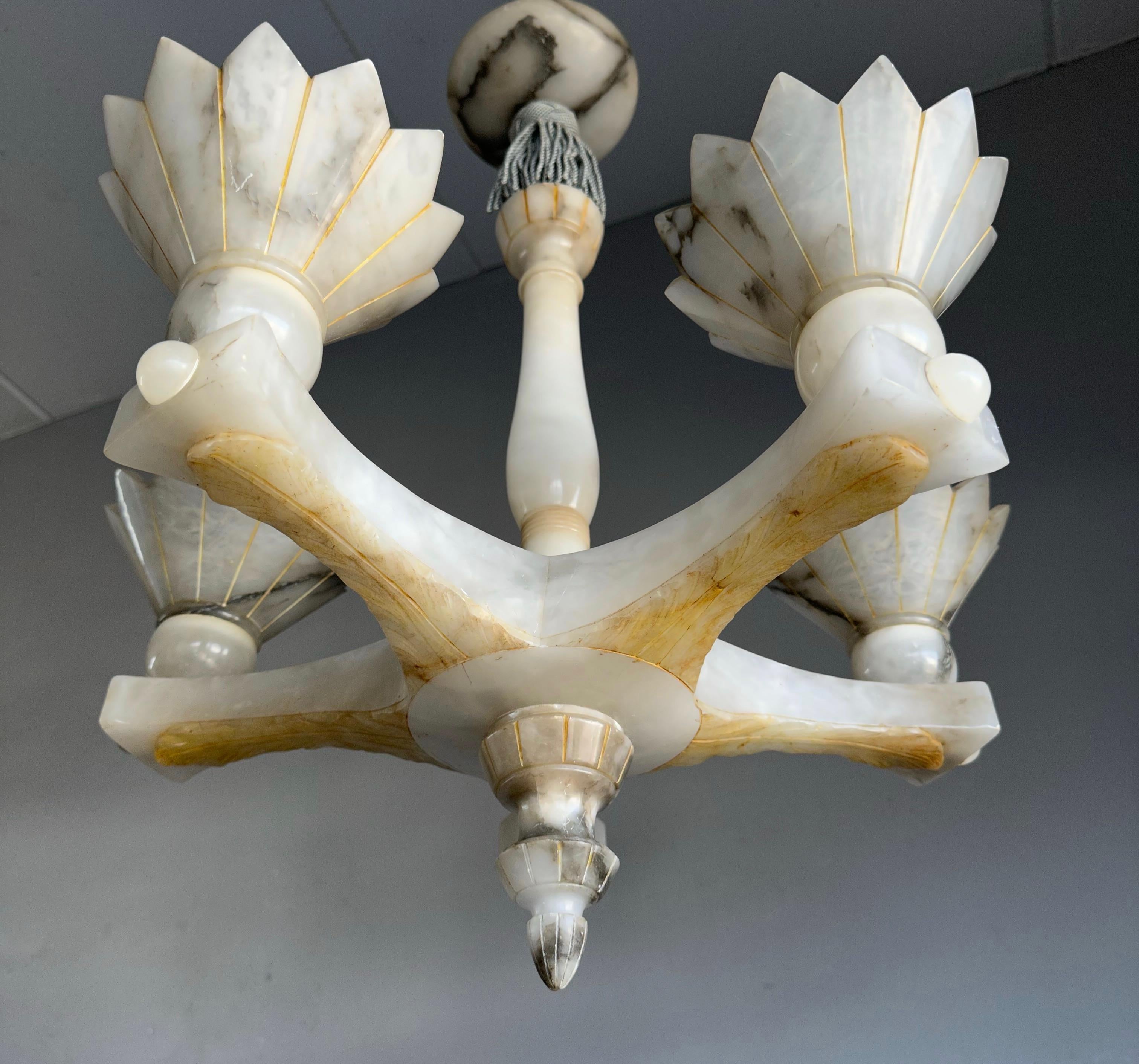 Hand-Carved Spectacular & Unique Flower Shape White Alabaster 5-Light Pendant / Chandelier For Sale