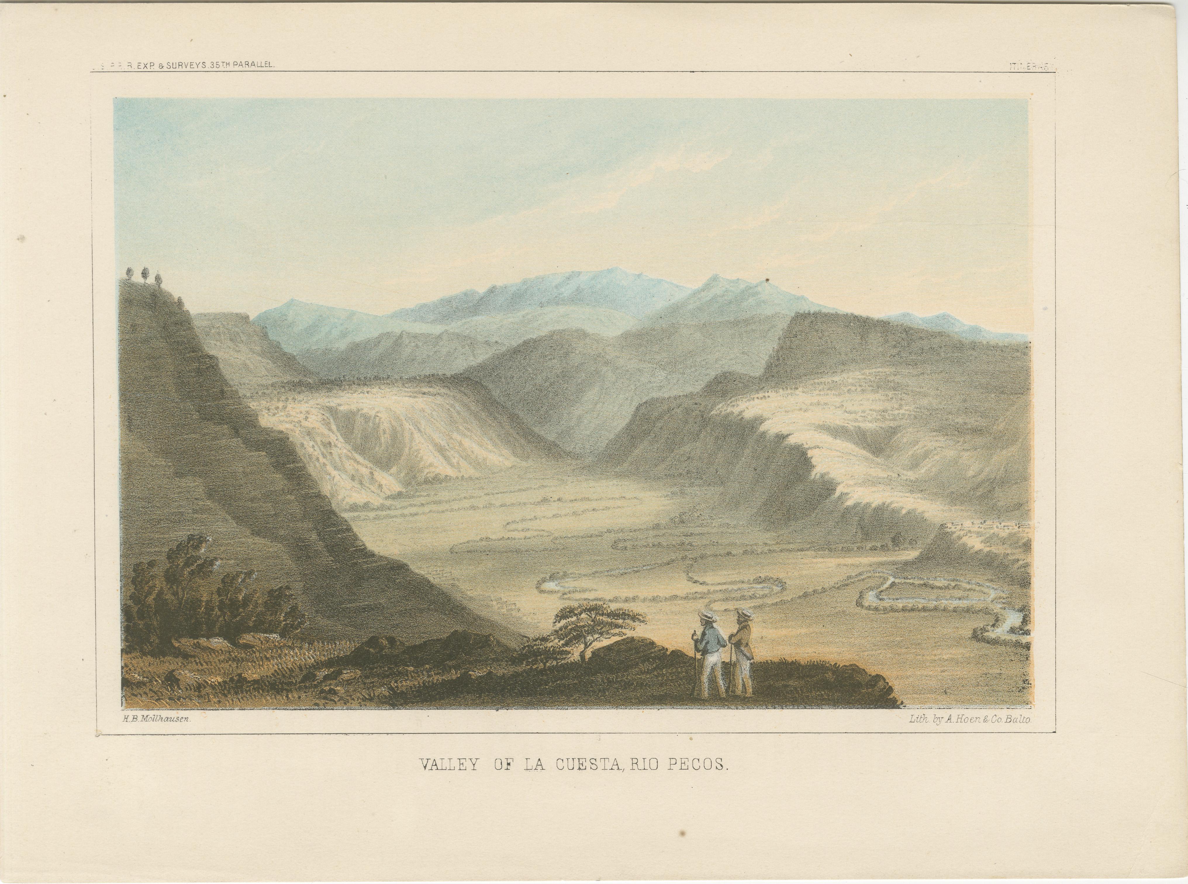 Título: Espectacular Vista del Valle La Cuesta, Río Pecos - Litografía Siglo XIX  

Descripción: Esta impresionante litografía capta la belleza escénica del Valle de La Cuesta a lo largo del Río Pecos. El extenso paisaje revela espectaculares