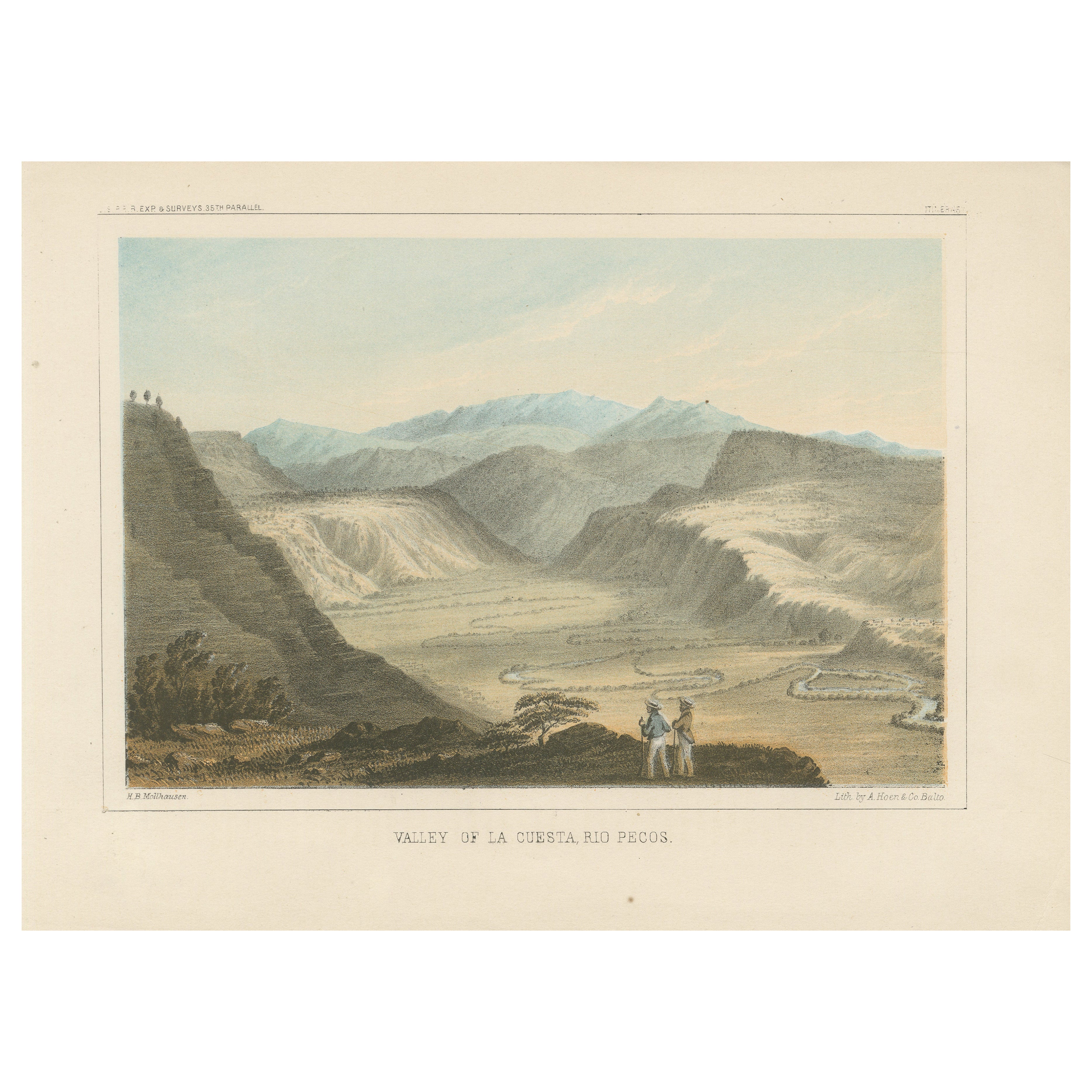 Spectaculaire vue de la vallée de La Cuesta, Rio Pecos - Lithographie du 19e siècle