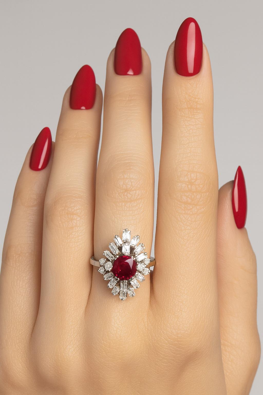 Espectacular Anillo de Cóctel Vintage 1940s Retro Burma Rubí y Diamantes Corte redondo en venta