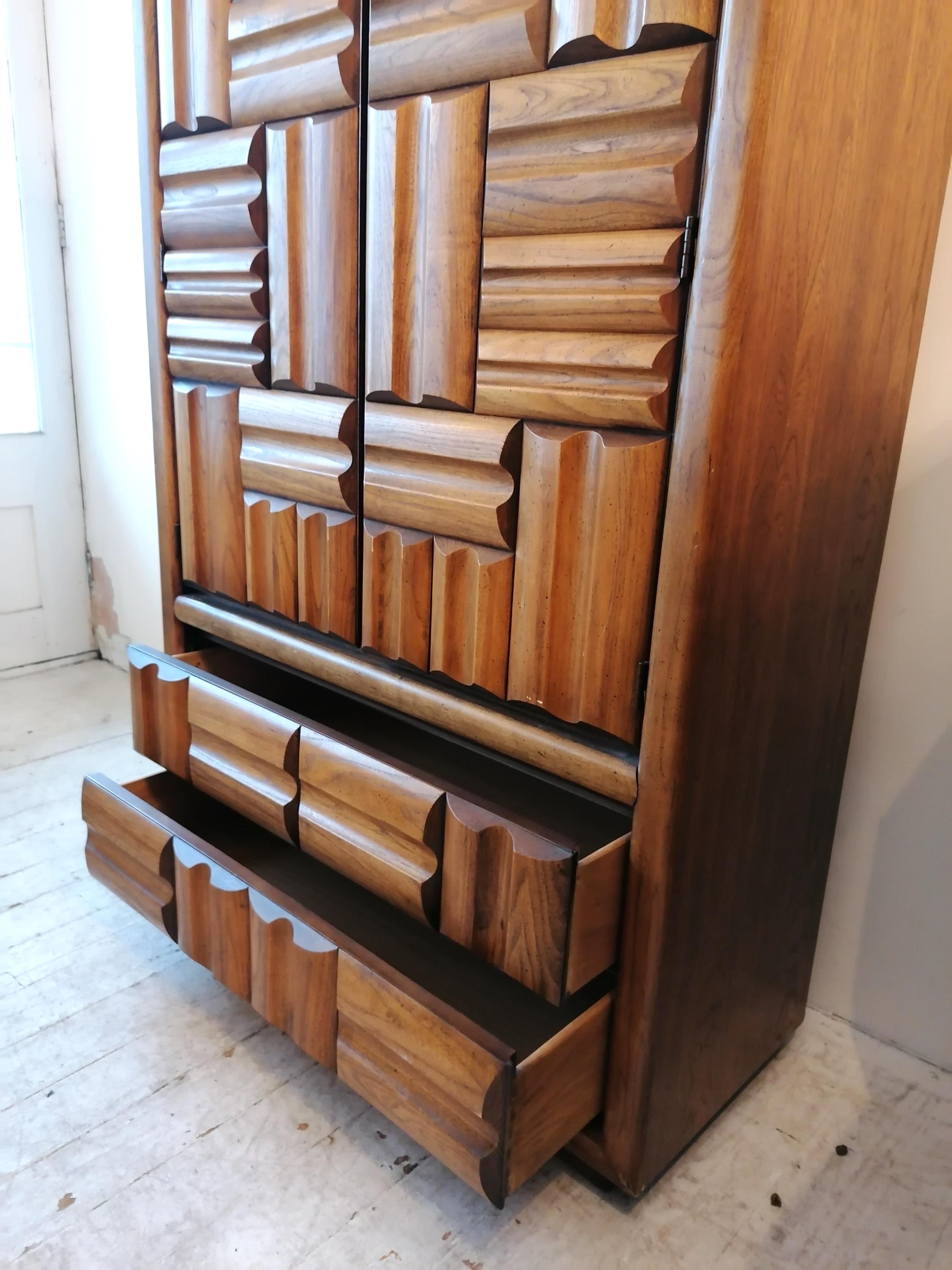 Spectacular Vintage Brutalist Walnut Tall Drawer Cabinet by Lane Furniture, USA 7