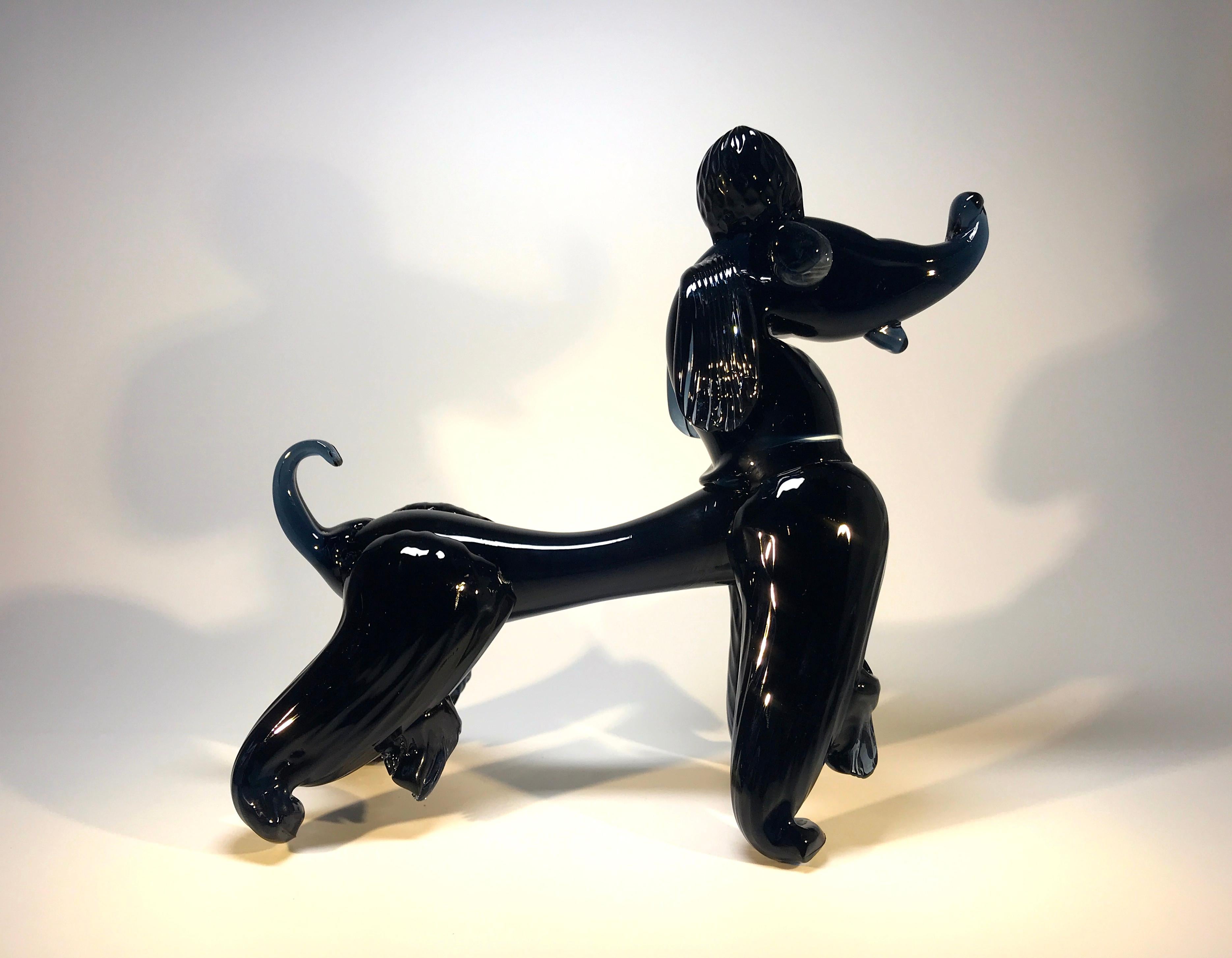 Hand-Crafted Spectacular Vintage Large Italian Murano Glass French Poodle Midnight Blue Dog For Sale