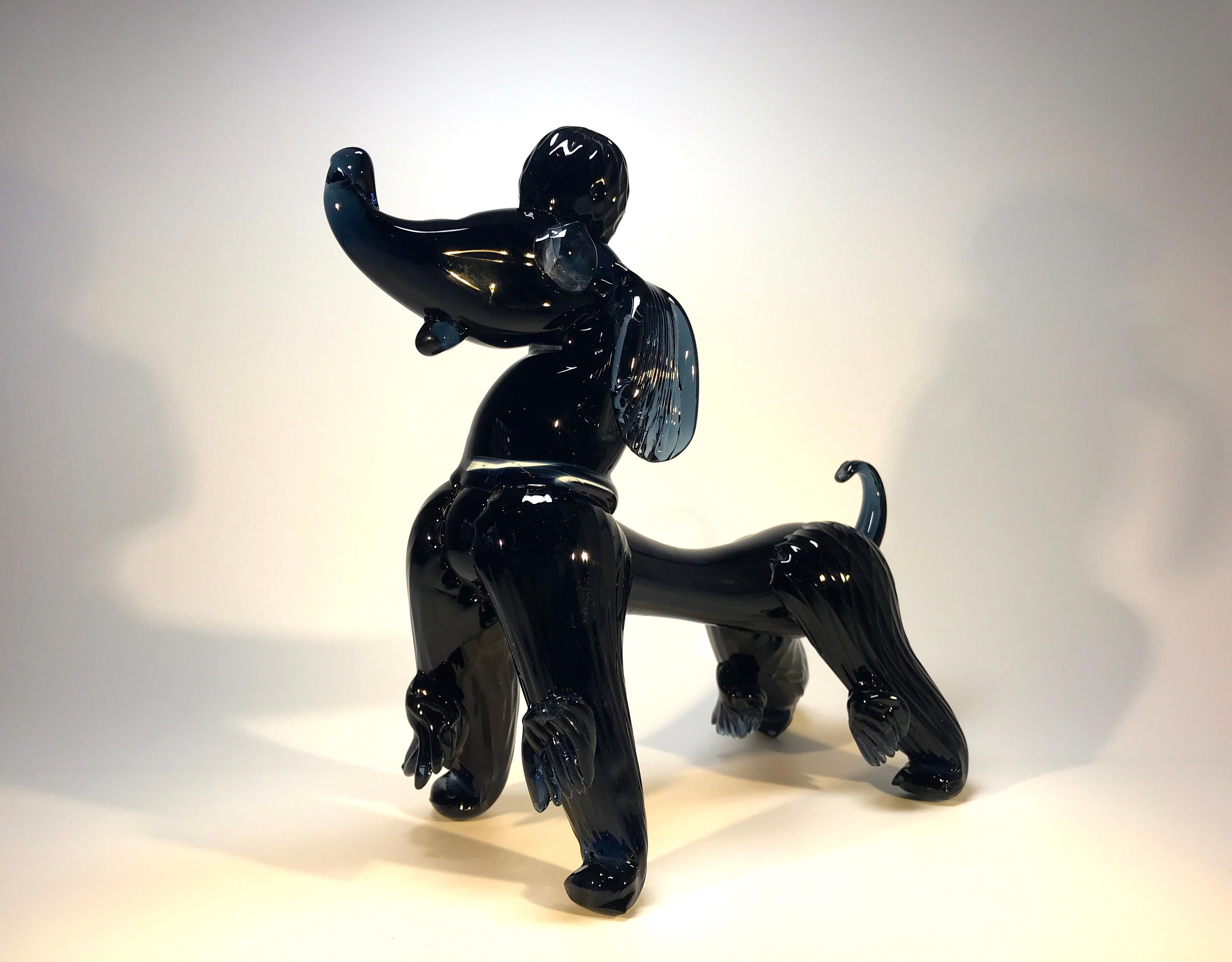 Spectacular Vintage Large Italian Murano Glass French Poodle Midnight Blue Dog For Sale 3
