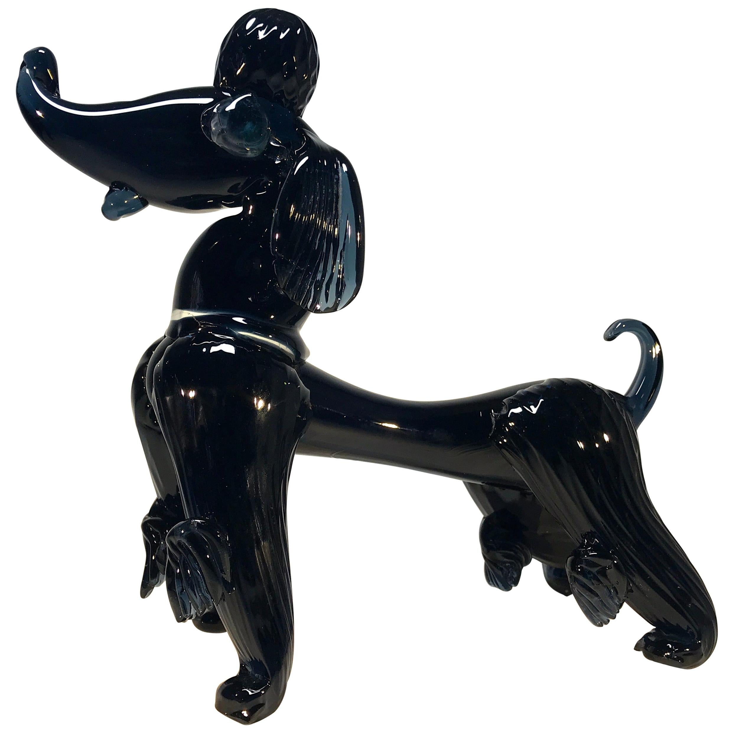 Spectaculaire Vintage Large Italian Murano Glass French Poodle Midnight Blue Dog