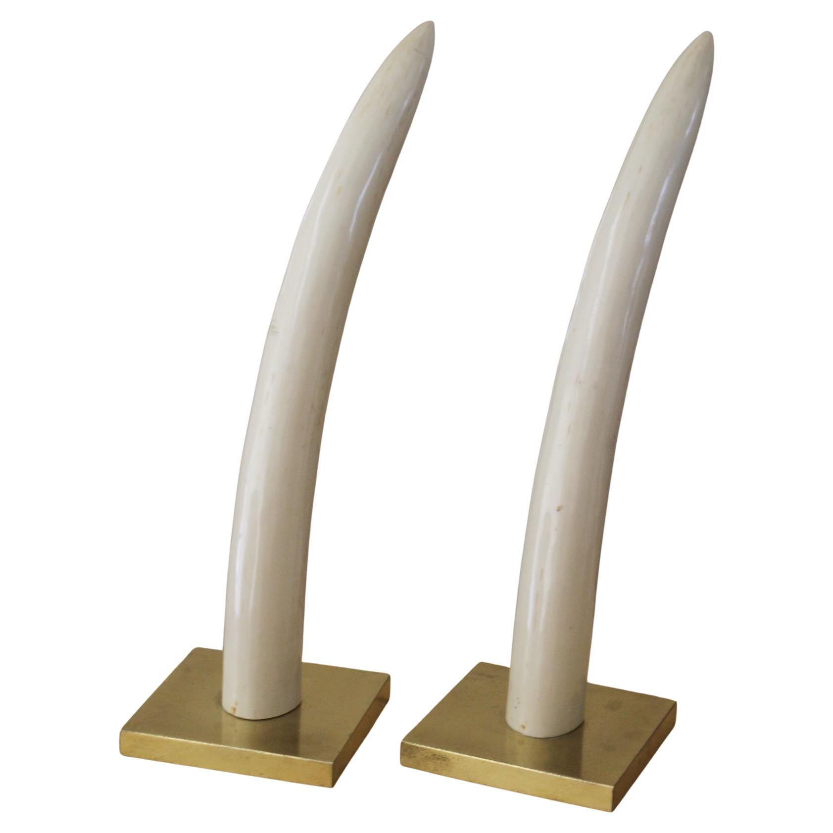 Spectacular Vintage Pair Karl Springer Faux Ivory 1970s Tusks on Brass Bases