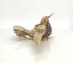 Spectacular Vintage Sapphire, Diamond, Gold Bird Brooch