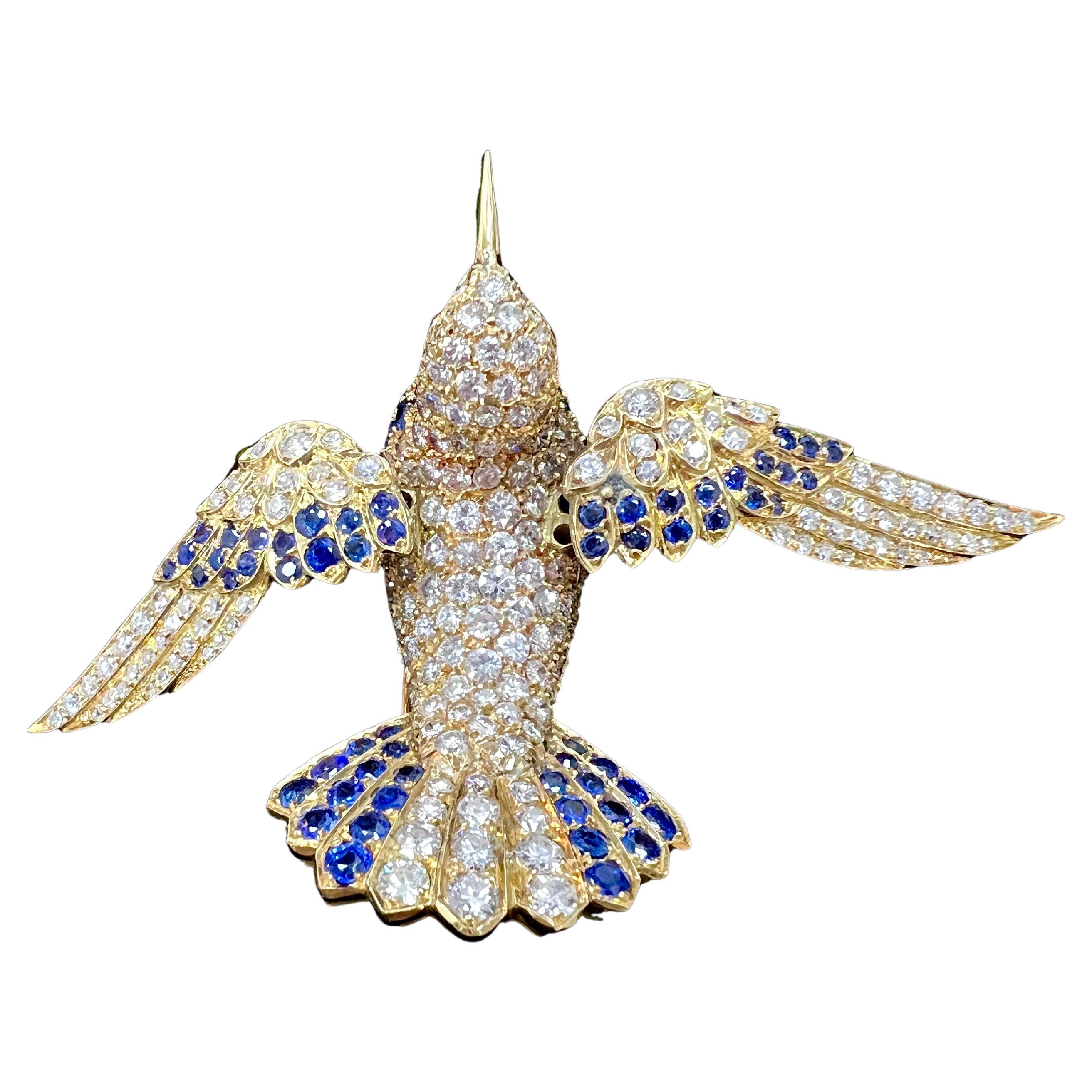 Spectacular Vintage Sapphire, Diamond, Gold Bird Brooch