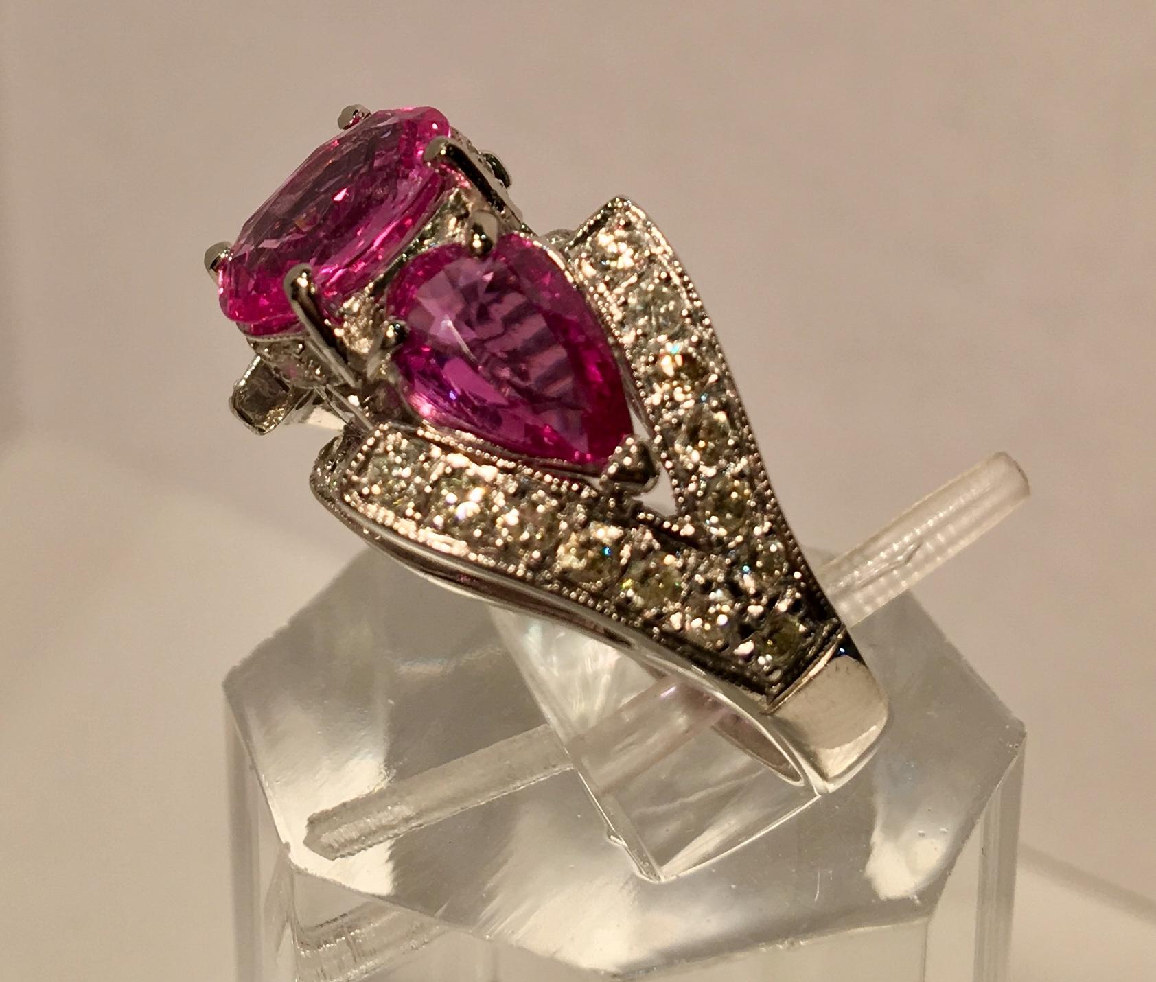 Women's Spectacular Vivid Pink Sapphire Diamond Platinum Three-Stone Ring For Sale