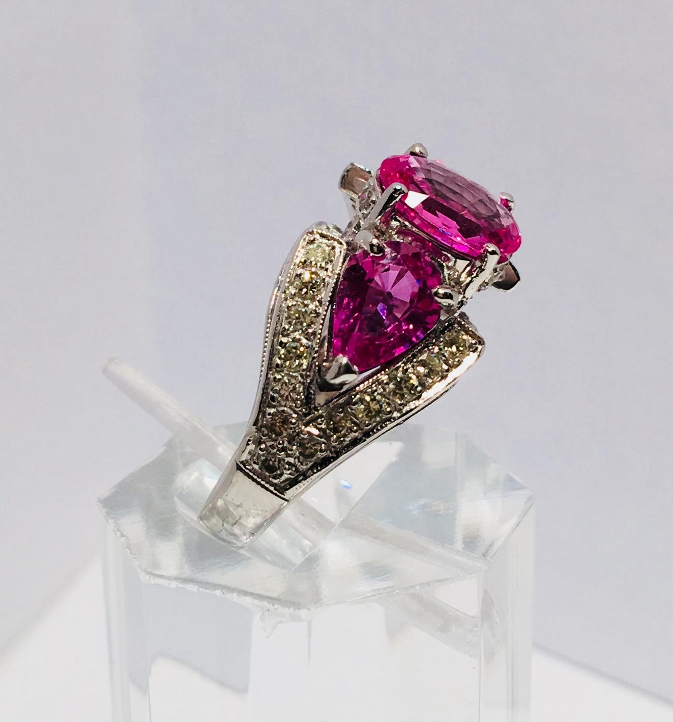Spectacular Vivid Pink Sapphire Diamond Platinum Three-Stone Ring For Sale 1