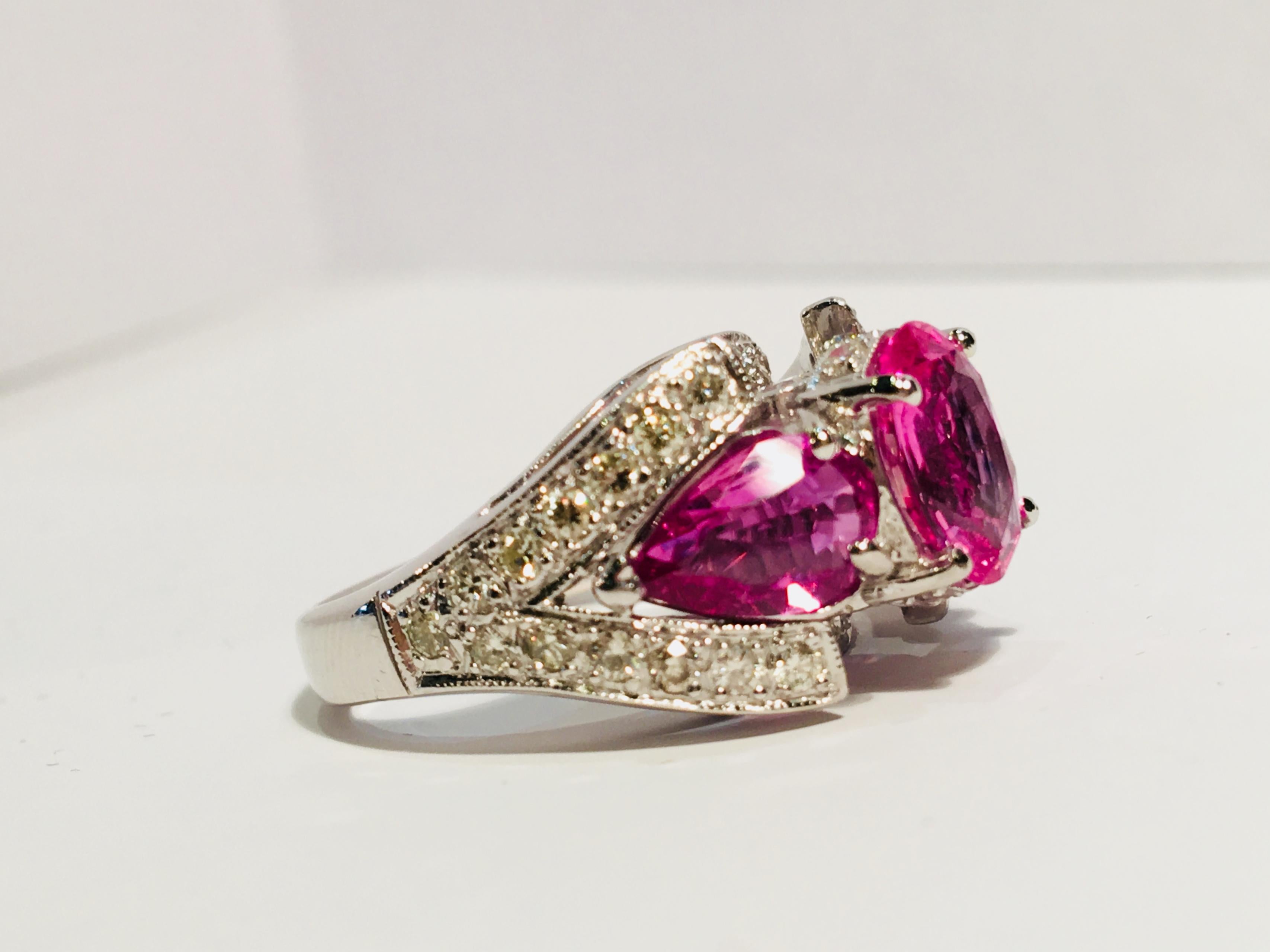 Spectacular Vivid Pink Sapphire Diamond Platinum Three-Stone Ring For Sale 2