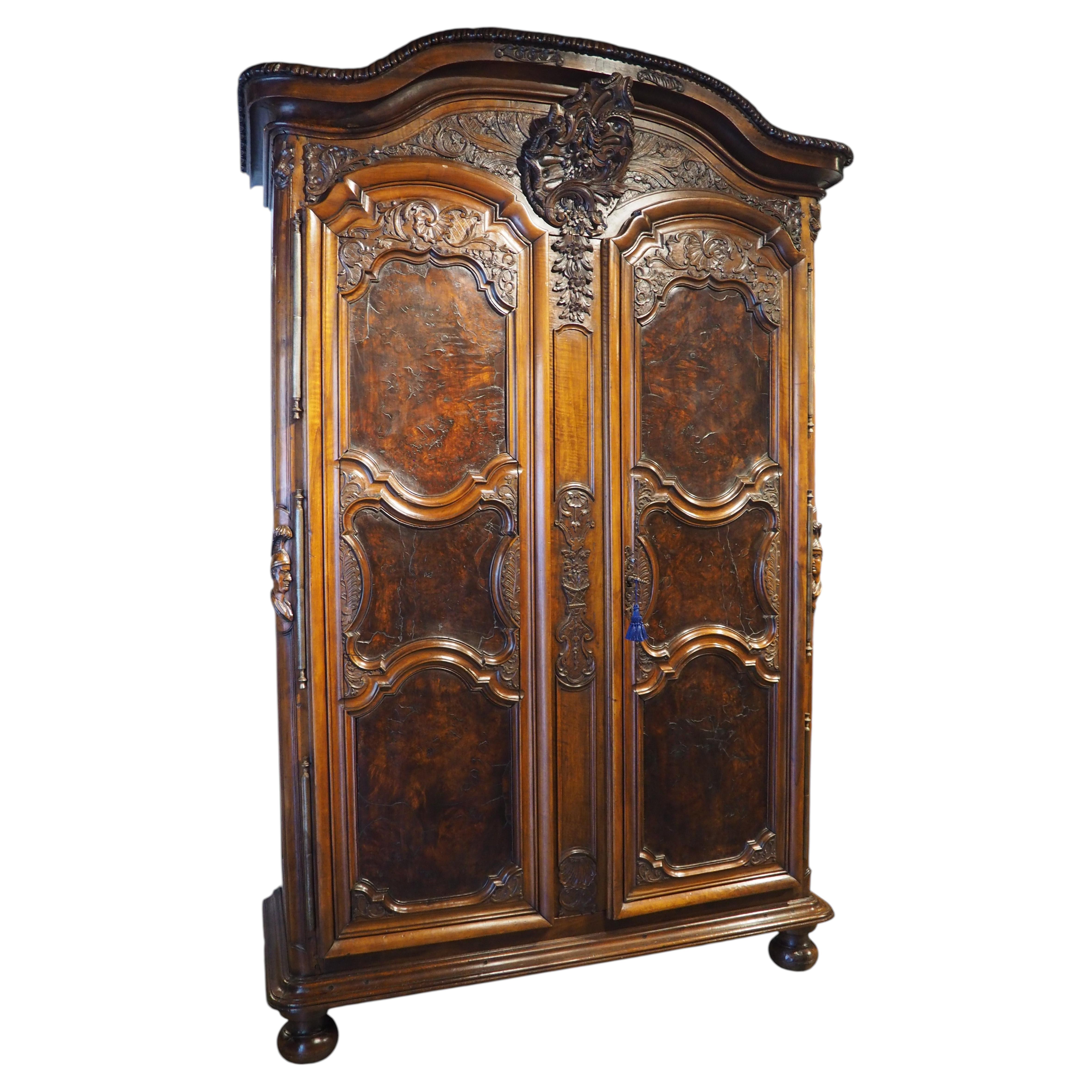 Spectacular Walnut and Burl Walnut Régence Armoire from Lyon, France, Circa 1715