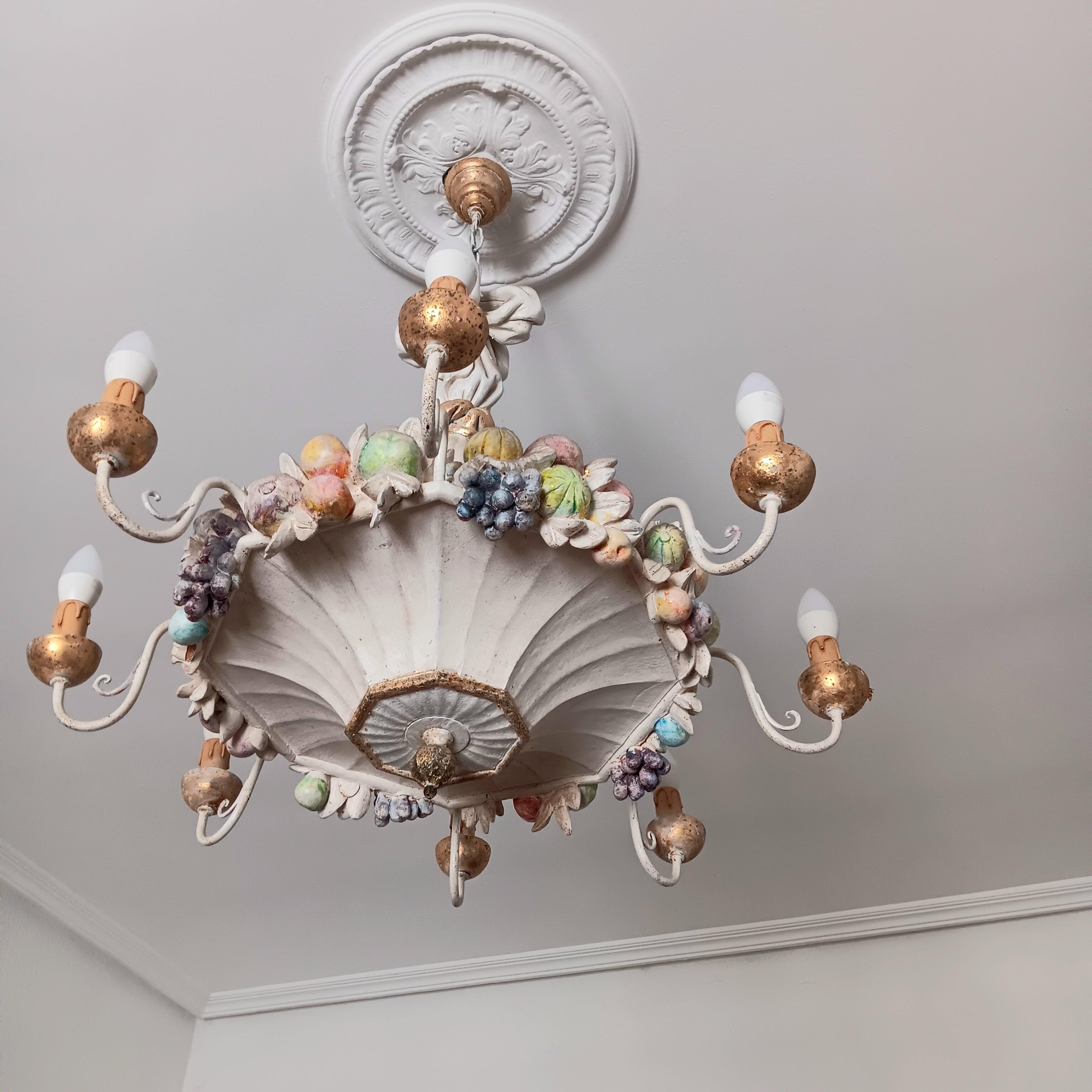 20th Century Italian Chandelier With  Fruit Carved in Wood & Gold Leaf Spectacular For Sale