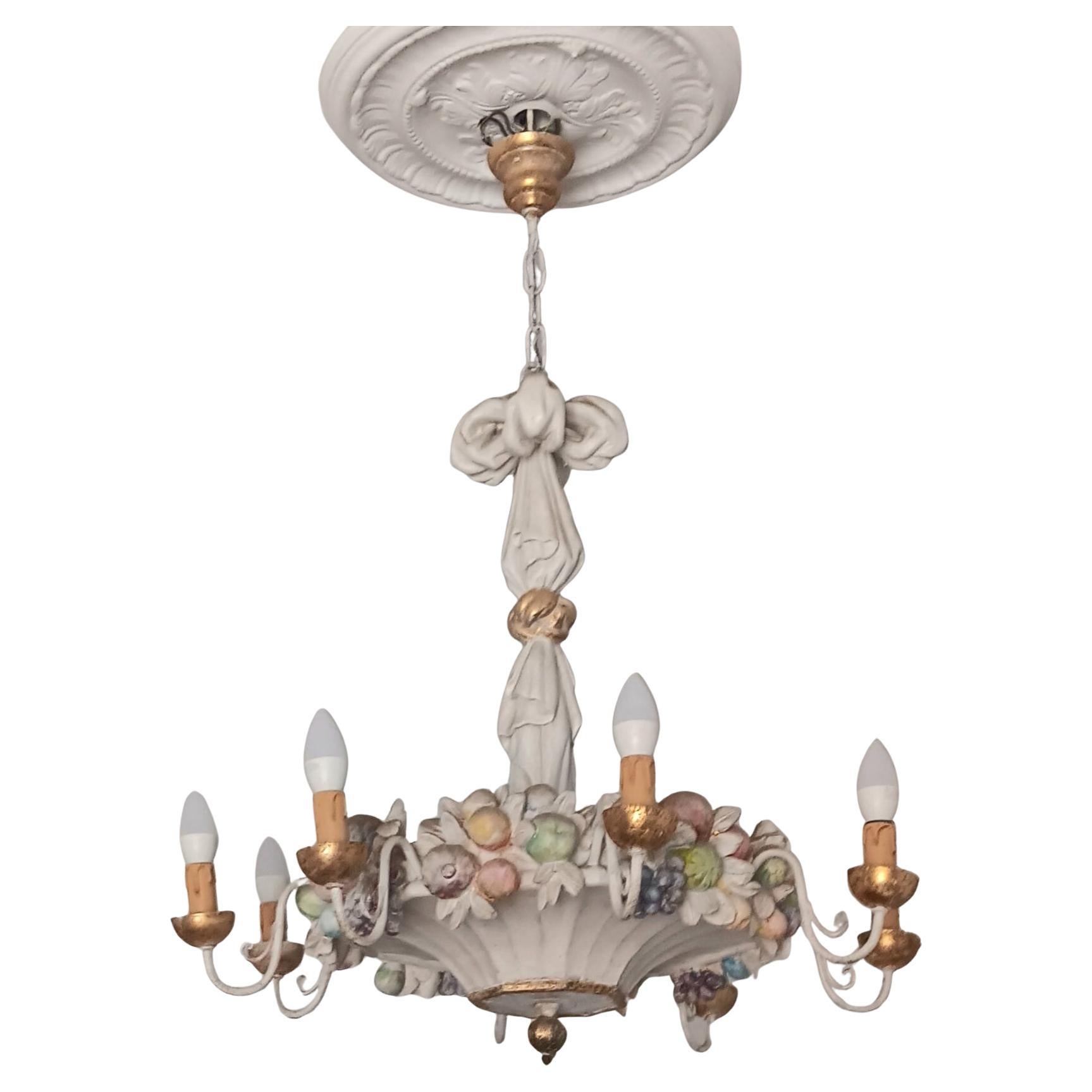 Italian Chandelier With  Fruit Carved in Wood & Gold Leaf Spectacular In Good Condition For Sale In Mombuey, Zamora