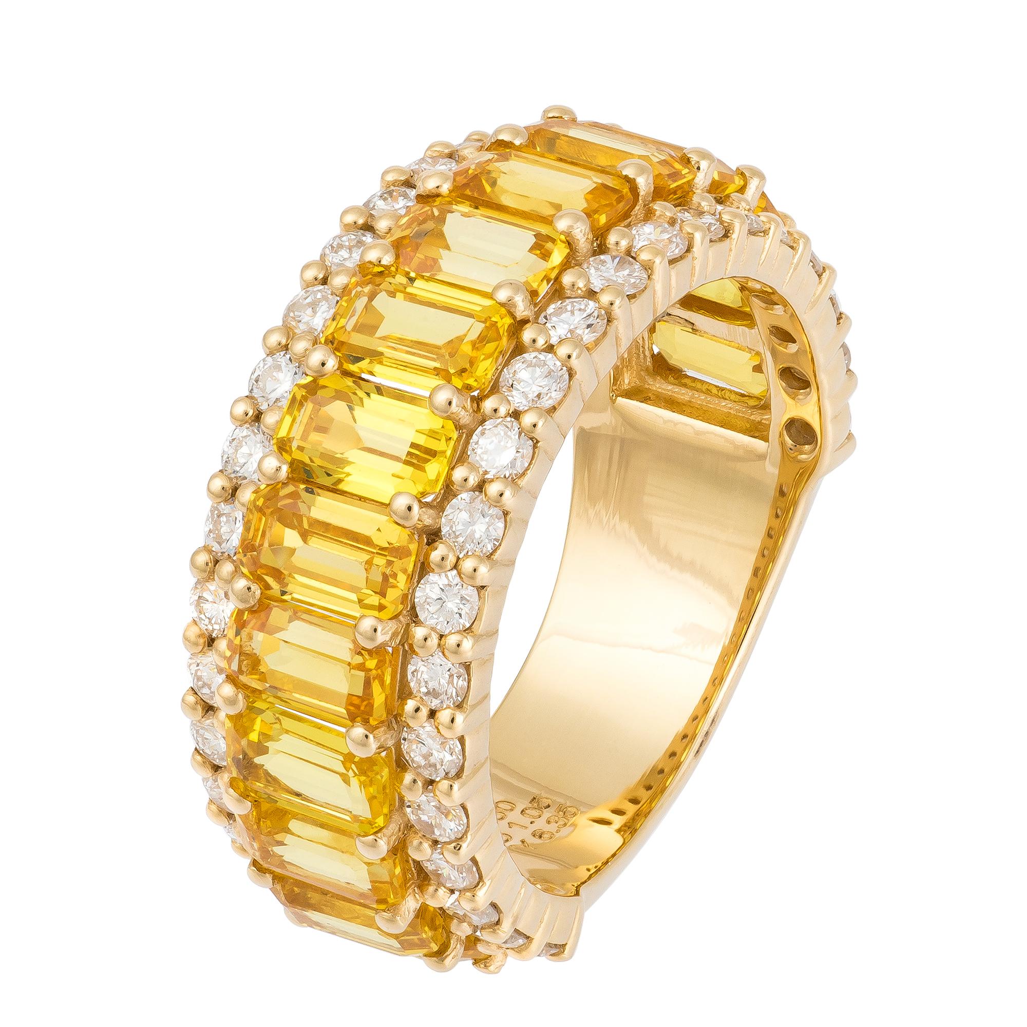 RING 18K Yellow Gold Diamond 1.00 Cts/42 Pcs Yellow Sapphire 4.85 Cts/15 Pcs