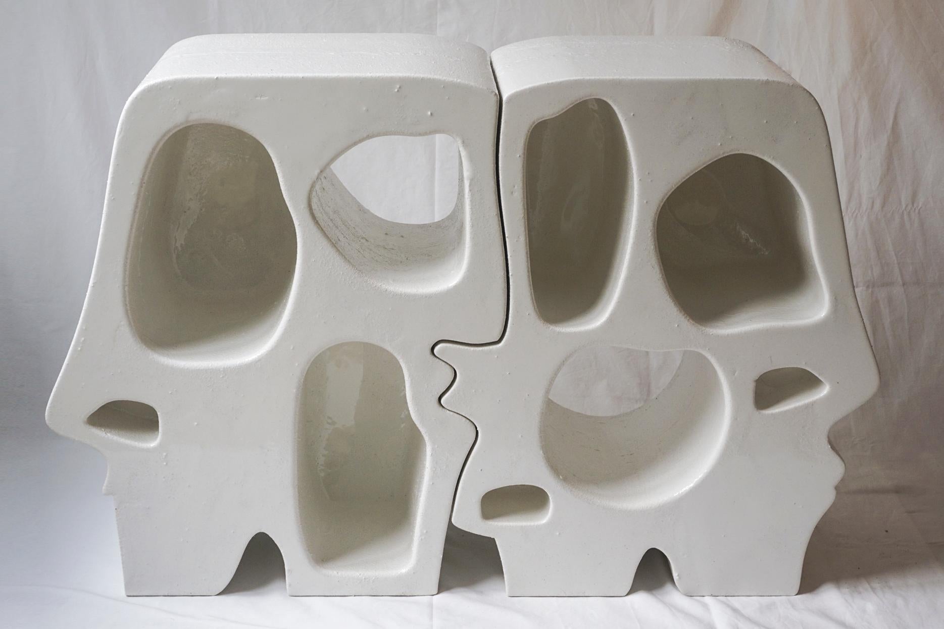 Spectator twins by Freia Achenbach
Limited Edition of 25
Dimensions: D 105 x W 33 cm x H 68 cm
Materials: resin, sand, foam

The amorphly shaped shelf is not only offering storage or presentation space, but stimulates the mechanism of projection and
