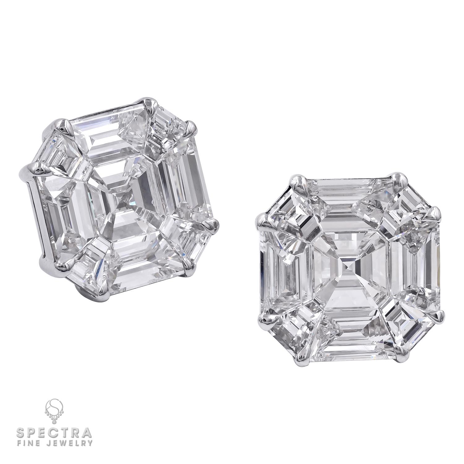 These Spectra Fine Jewelry Illusion Asscher-shape Diamond Stud Earrings, made in the 21st century, suggest something much larger. Crafted in 18K white gold, the pair of earrings has an estimated diamond-carat weight of 10.74. The arresting pair has