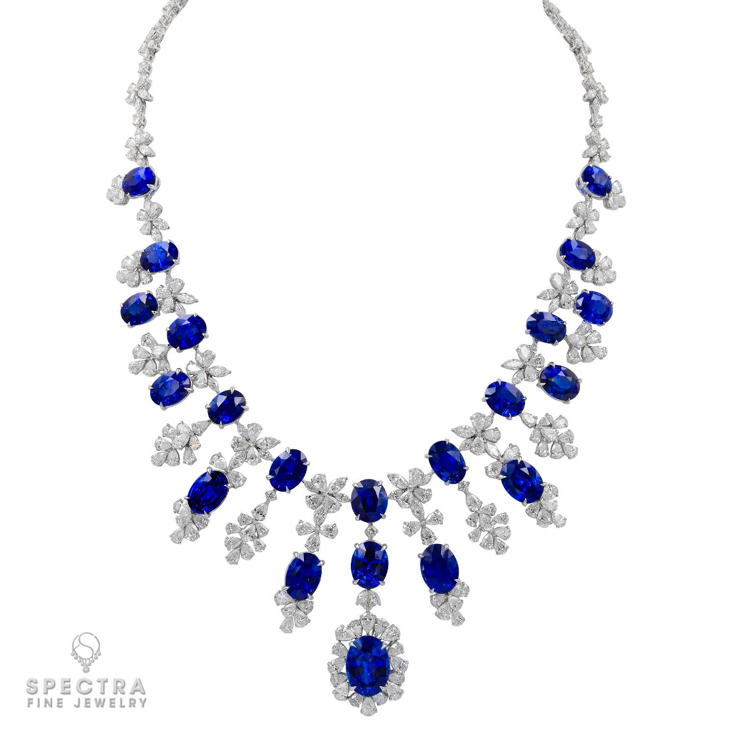This breathtaking jewelry ensemble effortlessly combines elegance and luxury.

The centerpiece of this suite is a magnificent necklace adorned with 21 oval sapphires totaling 92.21 carats, each gem radiating with the rich, deep blue hues
