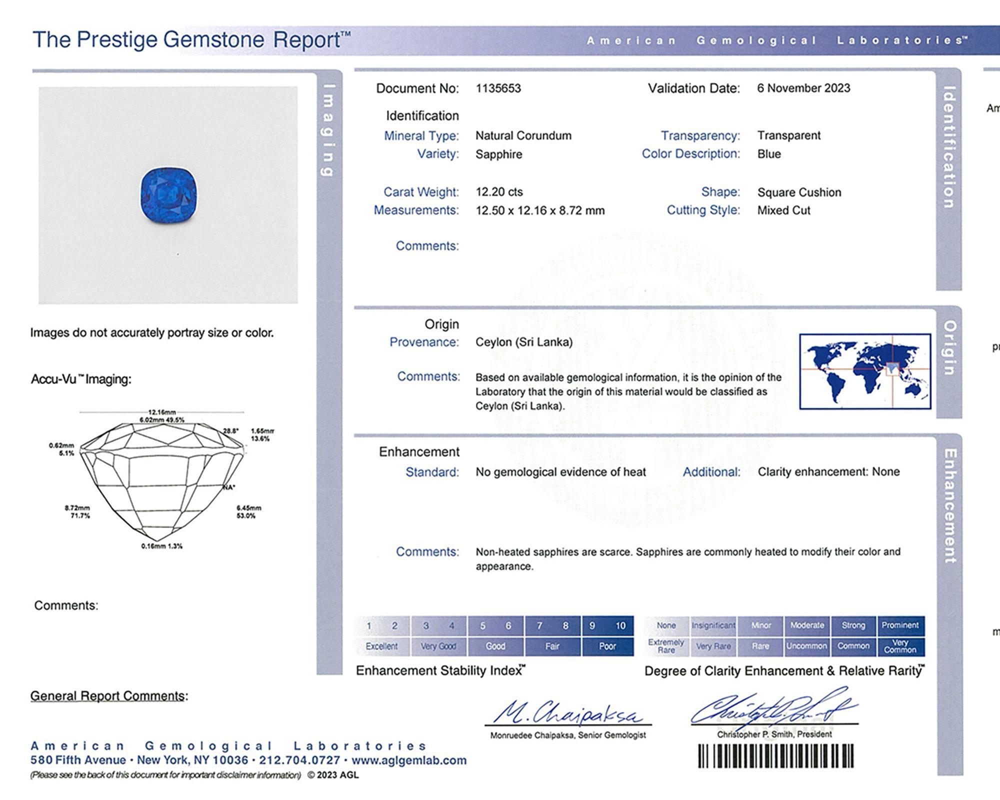 Cushion Cut Spectra Fine Jewelry 12.20 Carat Ceylon Unheated Sapphire Diamond Ring For Sale