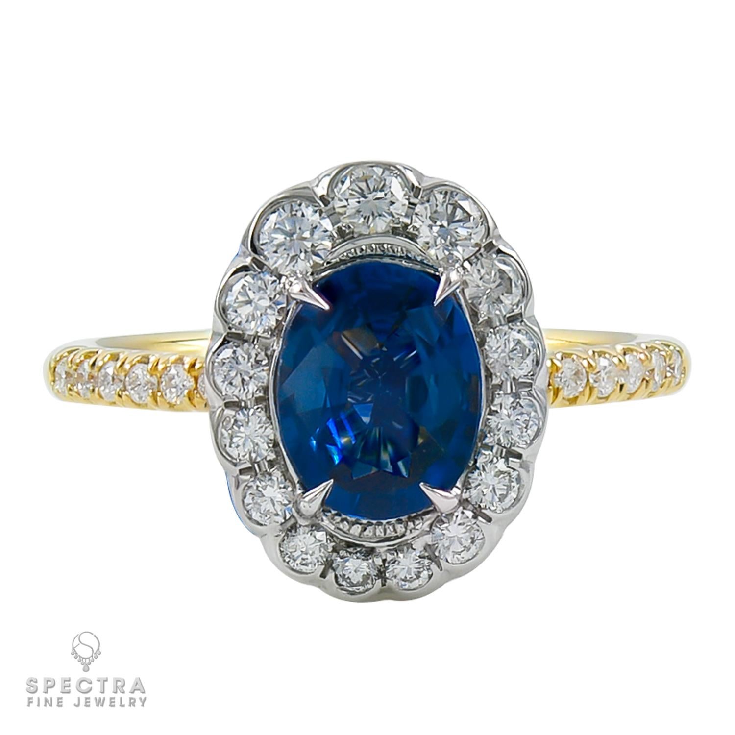 A cocktail ring featuring a 1.42 carat oval blue sapphire, set in a halo of pave diamonds.
Total weight of diamonds is 0.6 carats.
Metal is 18k yellow gold; gross weight 4.15 g.
Size 6.5. Sizable.