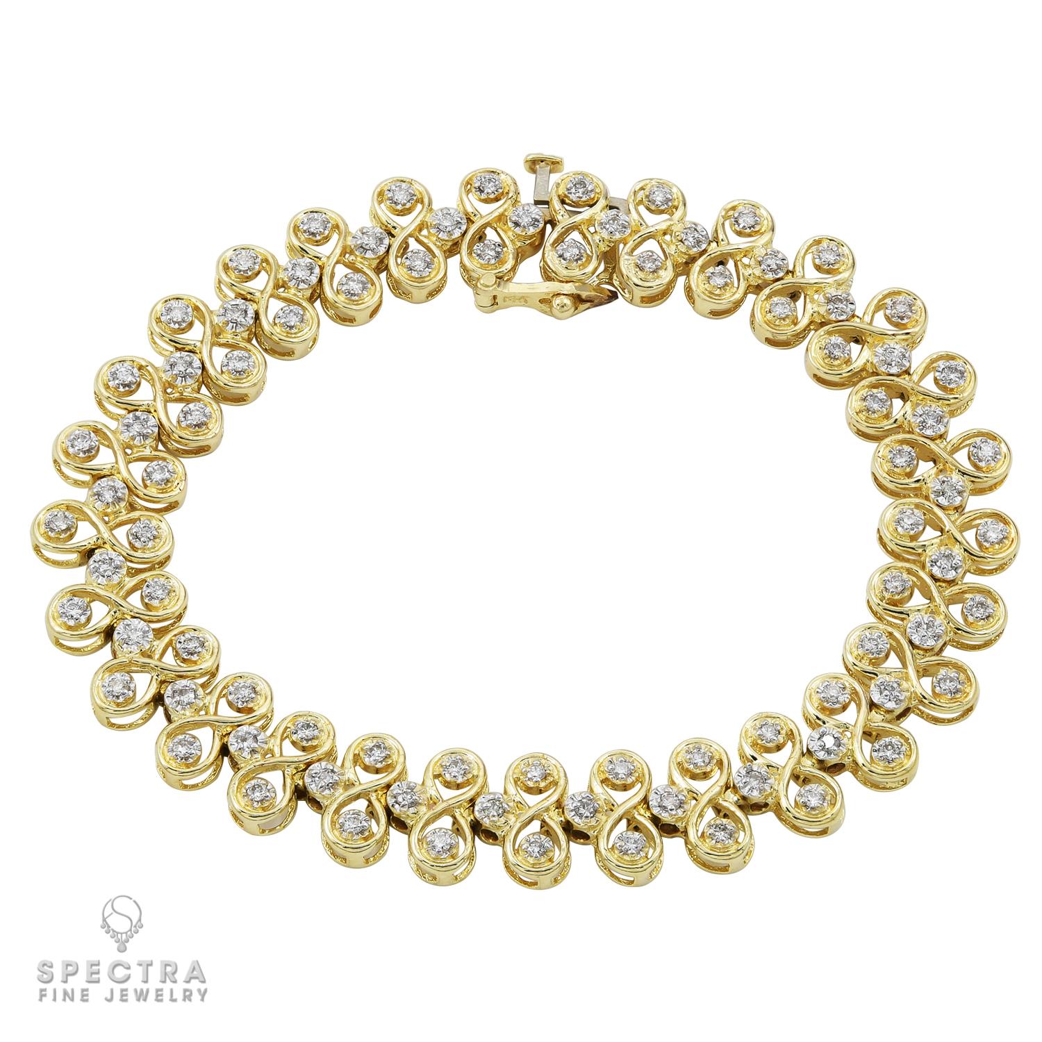 A flexible bracelet comprising of 87 diamonds weighing a total of 2.61 carats.
The diamonds are natural with approximately G-H color, VS-SI clarity.
Metal is 14k yellow gold, gross weight 14.19 gram.
7 inches long.
