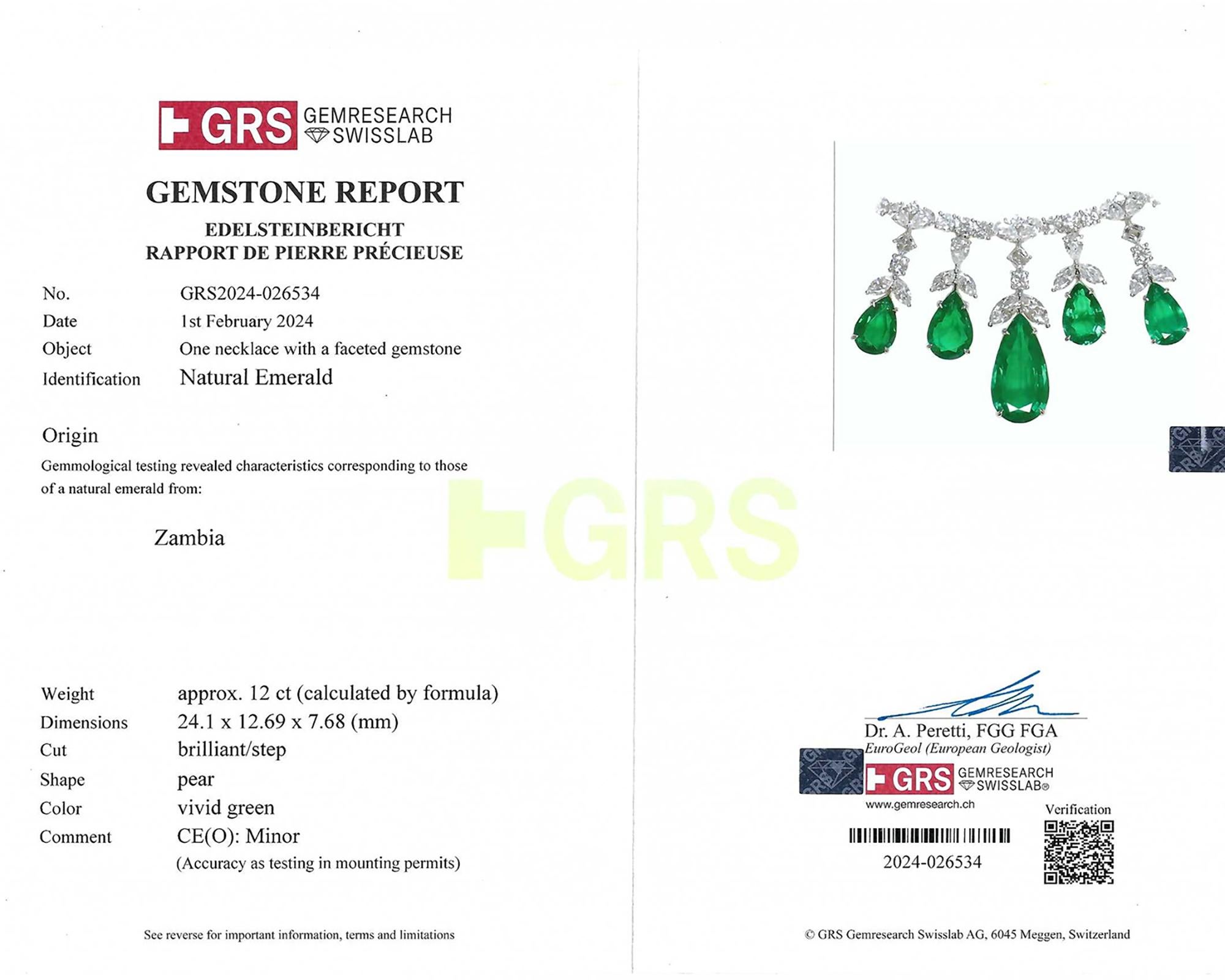 Mixed Cut Spectra Fine Jewelry GRS Certified Zambian Emerald Diamond Necklace For Sale