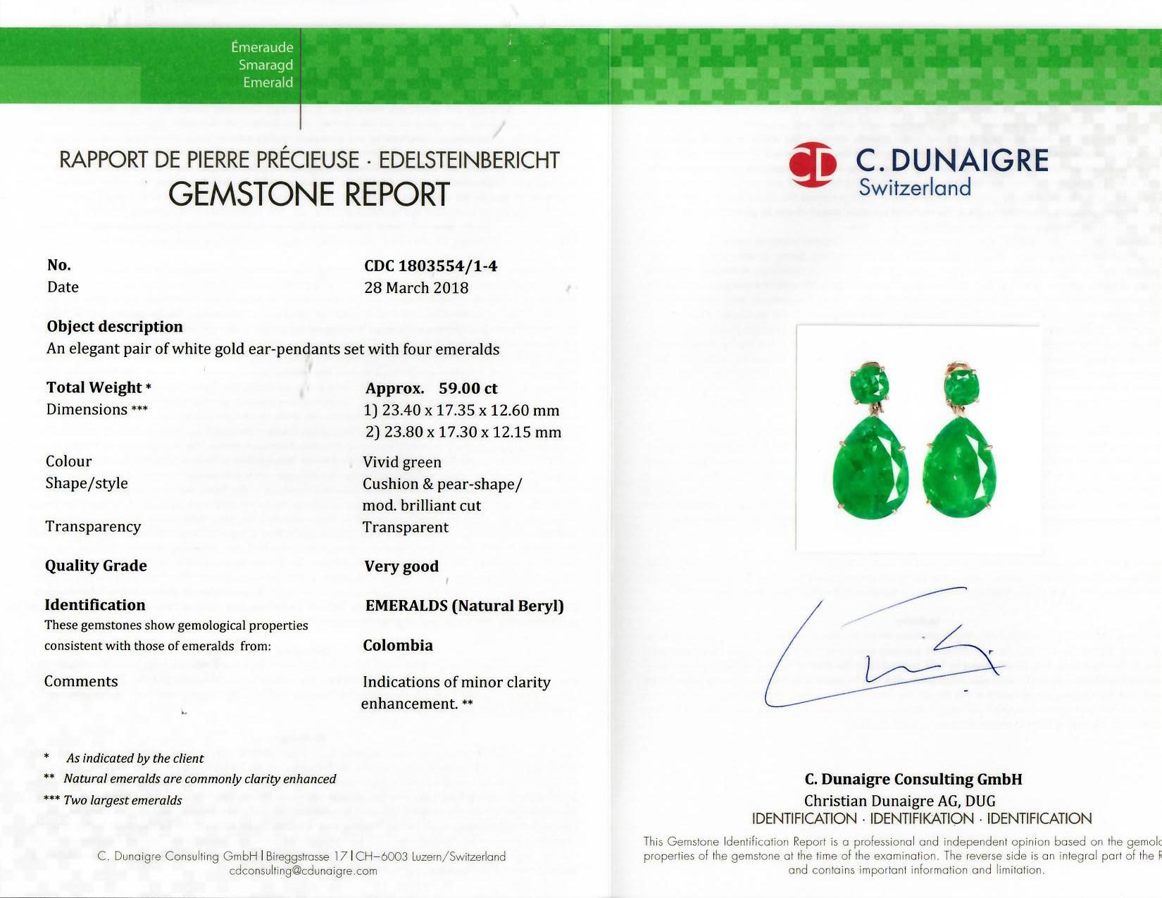 Contemporary Spectra Fine Jewelry C. Dunaigre Certified Colombian Emerald Drop Earrings For Sale