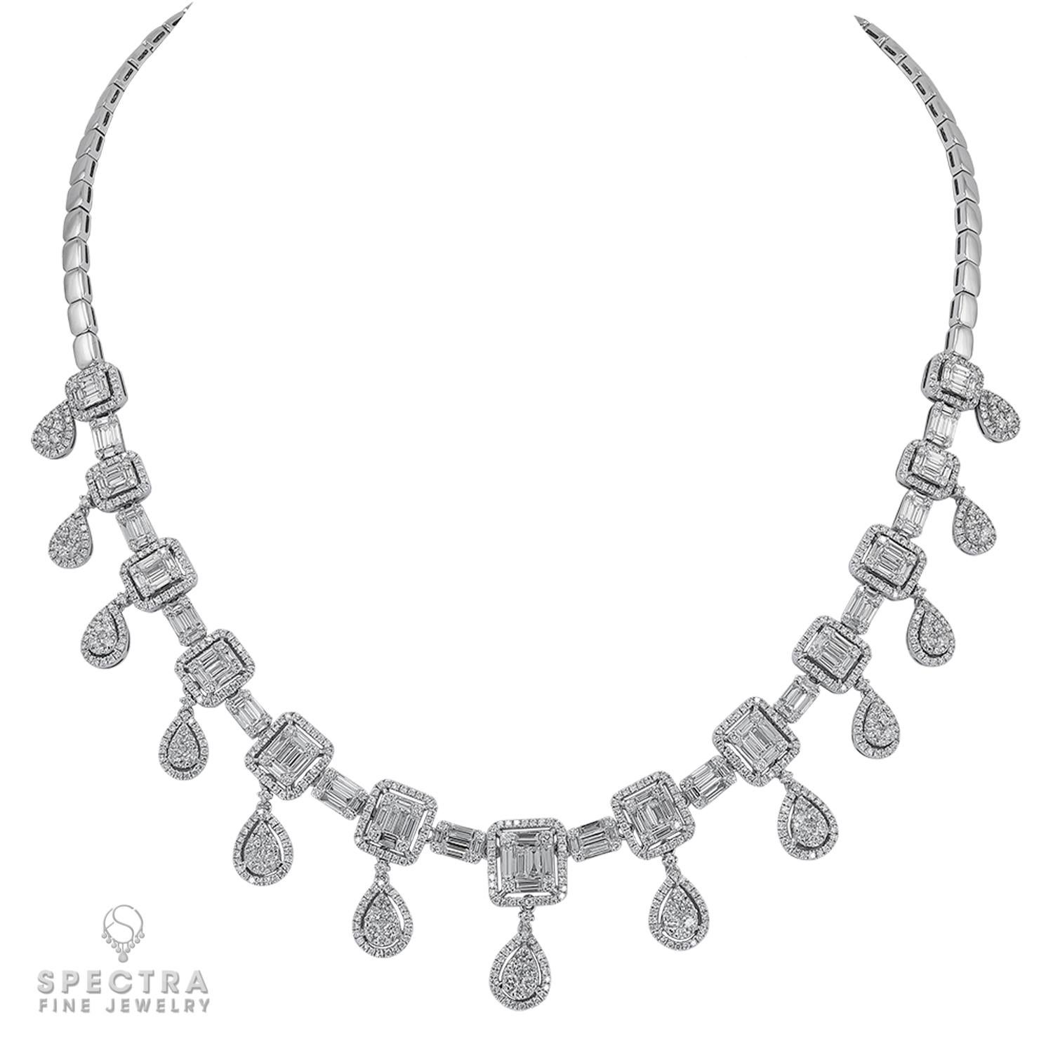 What could be more regal than diamonds, dangling pendants, and double halos, all elegantly arranged in one spectacular statement piece? This beautiful Diamond Bib Necklace from Spectra Fine Jewelry is crafted in 18K white gold set with 939 round and