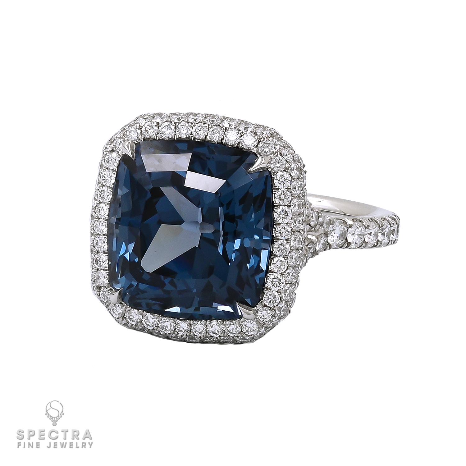 Presenting this magnificent 8.46-carat Cobalt Blue Spinel Ring by Spectra Fine Jewelry. Its cushion-cut center stone showcases an awe-inspiring 8.46-carat Ceylon gem, certified by AGL and GRS as a rare 