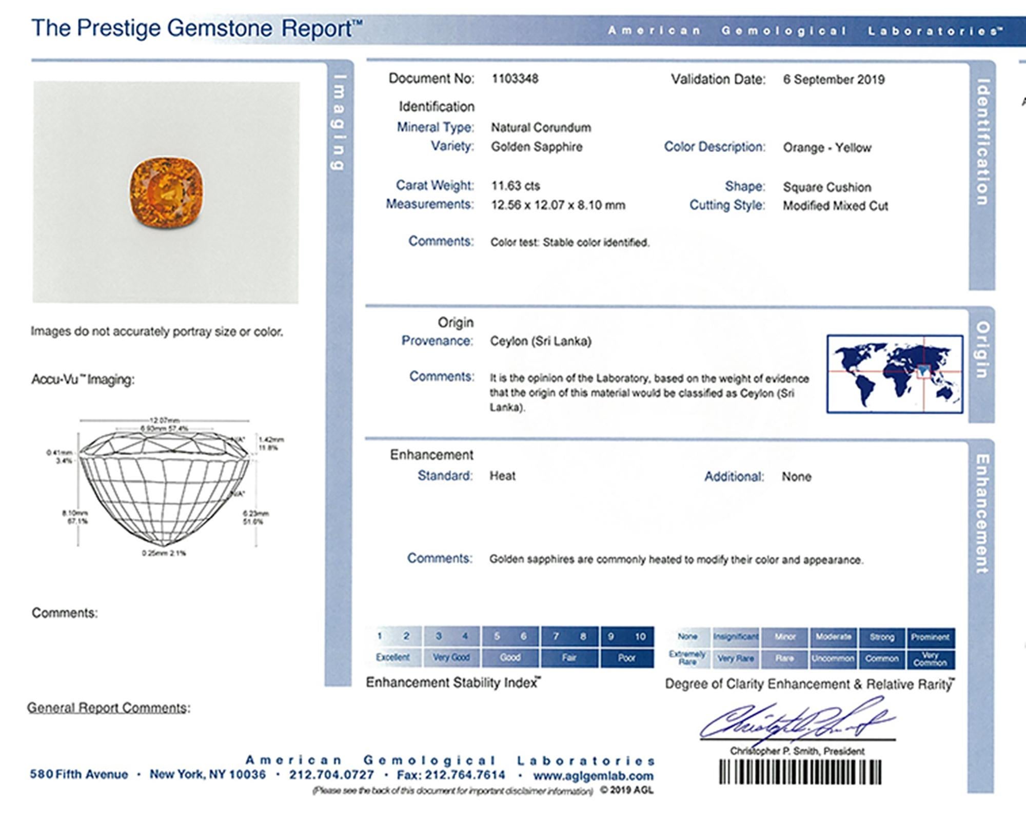 Cushion Cut Spectra Fine Jewelry AGL Certified 11.63 Carat Ceylon Orange Sapphire Ring For Sale