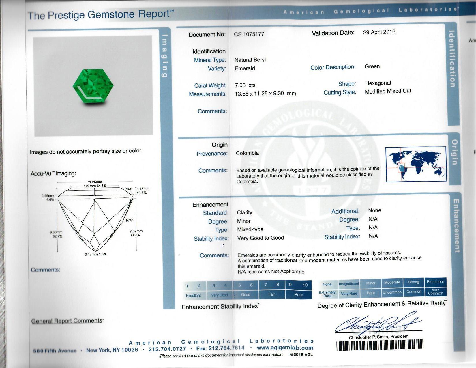 Hexagon Cut Spectra Fine Jewelry AGL Certified 7.05 Carat Colombian Emerald Diamond Ring For Sale