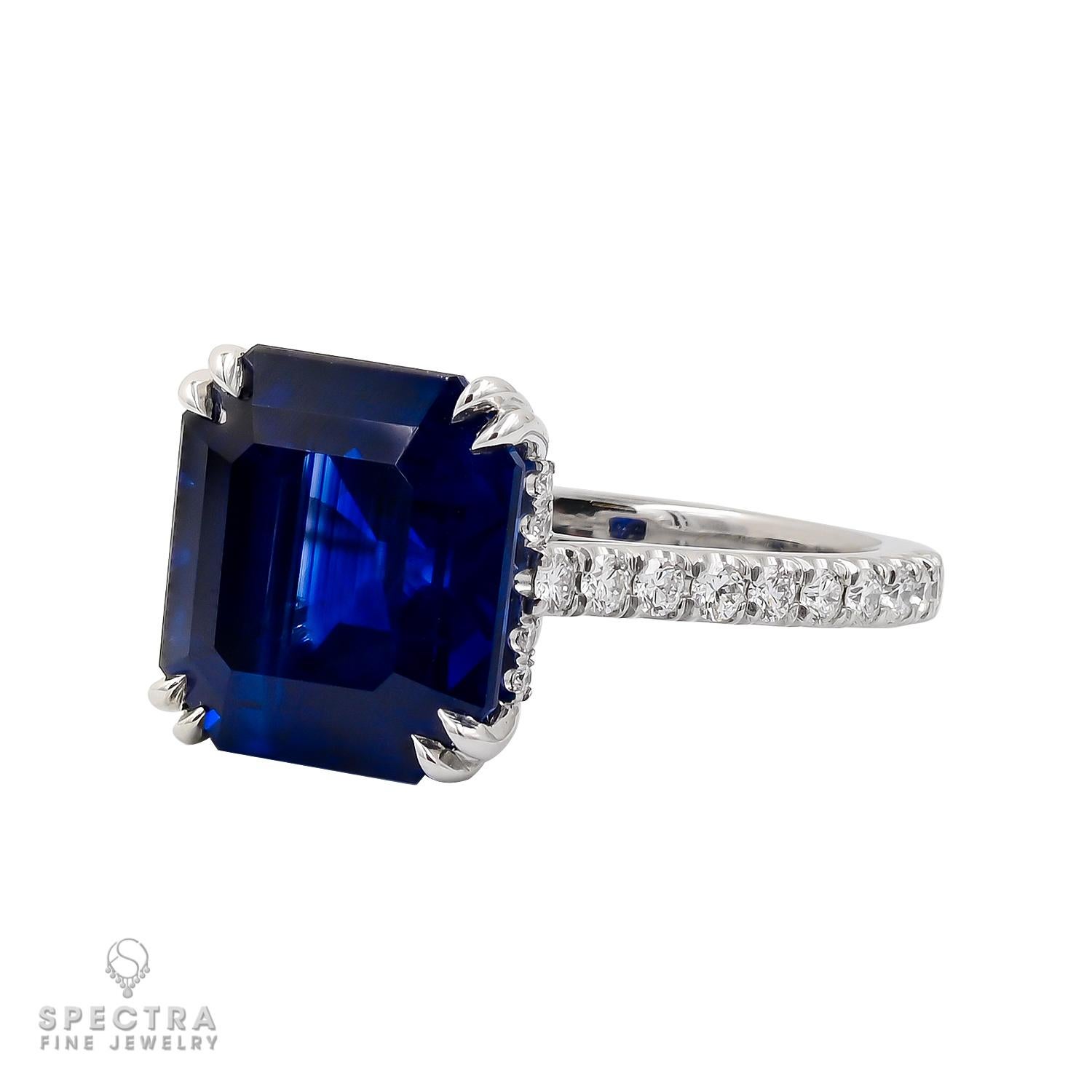 This Spectra Fine Jewelry Ceylon Sapphire Diamond Pavé Ring epitomizes timeless elegance with its classic design and striking details. Crafted in platinum, it features a rare unheated Ceylon sapphire weighing 8.06 carats and showcasing rich color