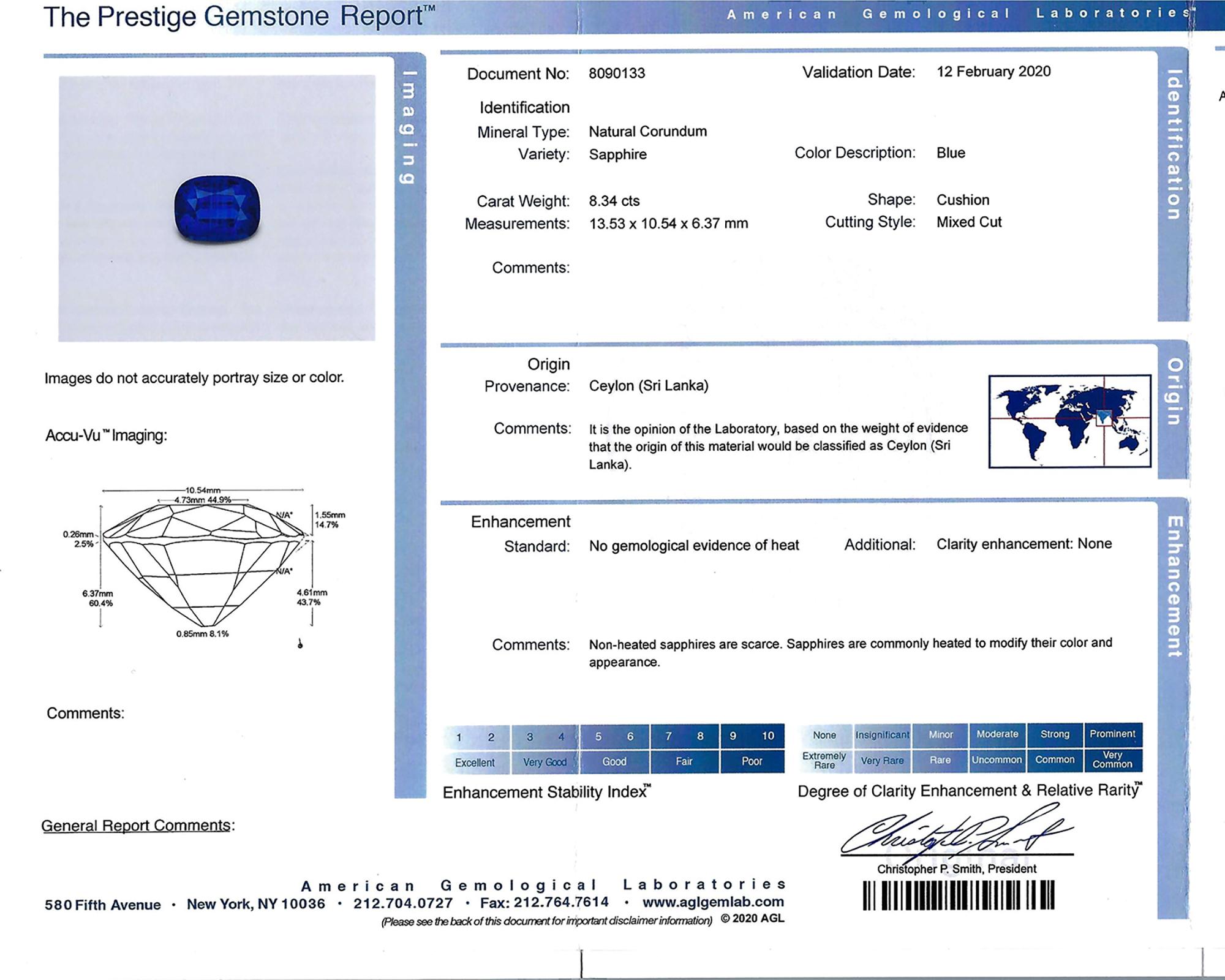 Spectra Fine Jewelry Anillo de zafiro de Ceilán certificado AGL de 8,34 quilates en Nuevo estado para la venta en New York, NY