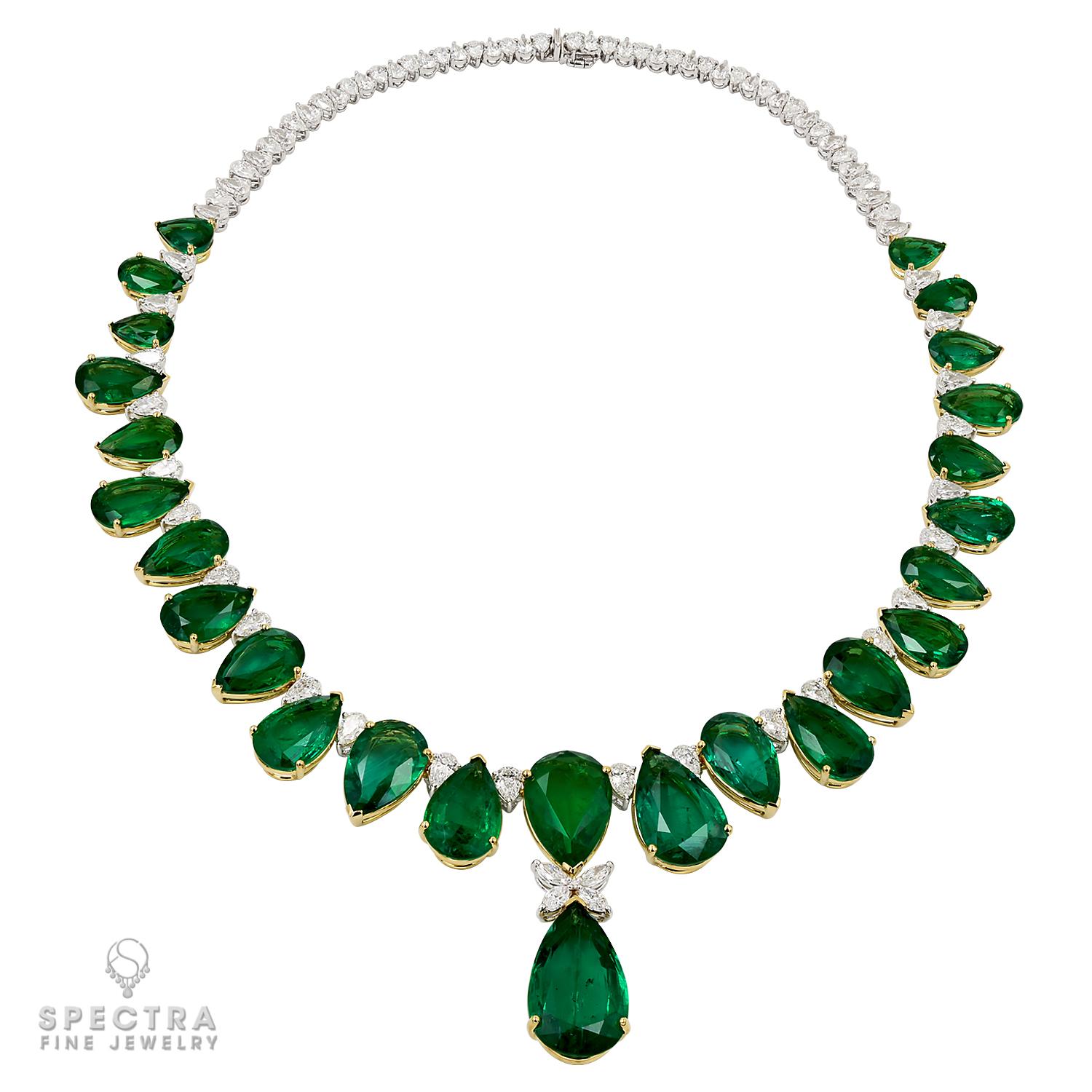 Introducing an exquisite masterpiece of jewelry craftsmanship, the Pear-Shaped Emerald Diamond Fringe Necklace. This stunning contemporary necklace is a testament to the beauty of nature's finest gemstones and the skillful artistry of its creator -