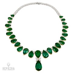 Spectra Fine Jewelry C.D. Certified Pear-Shaped Emerald Diamond Fringe Necklace