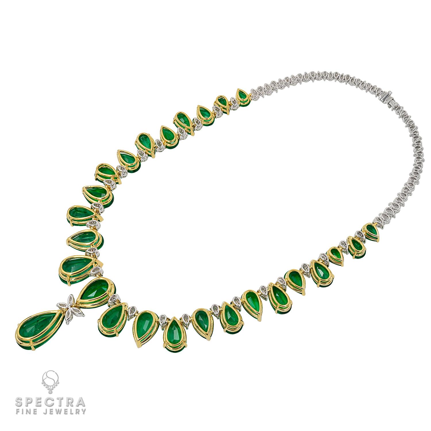 Contemporary Spectra Fine Jewelry C.D. Certified Pear-Shaped Emerald Diamond Fringe Necklace For Sale