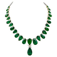 Spectra Fine Jewelry C.D. Certified Pear-Shaped Emerald Diamond Fringe Necklace