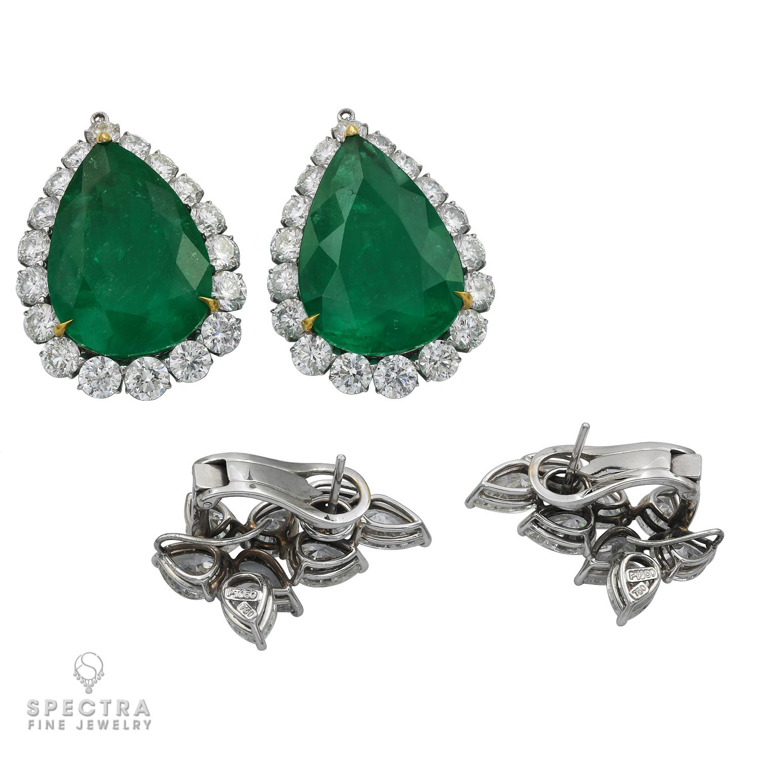 Pear Cut Spectra Fine Jewelry Certified Colombian Emerald Diamond Drop Earrings For Sale