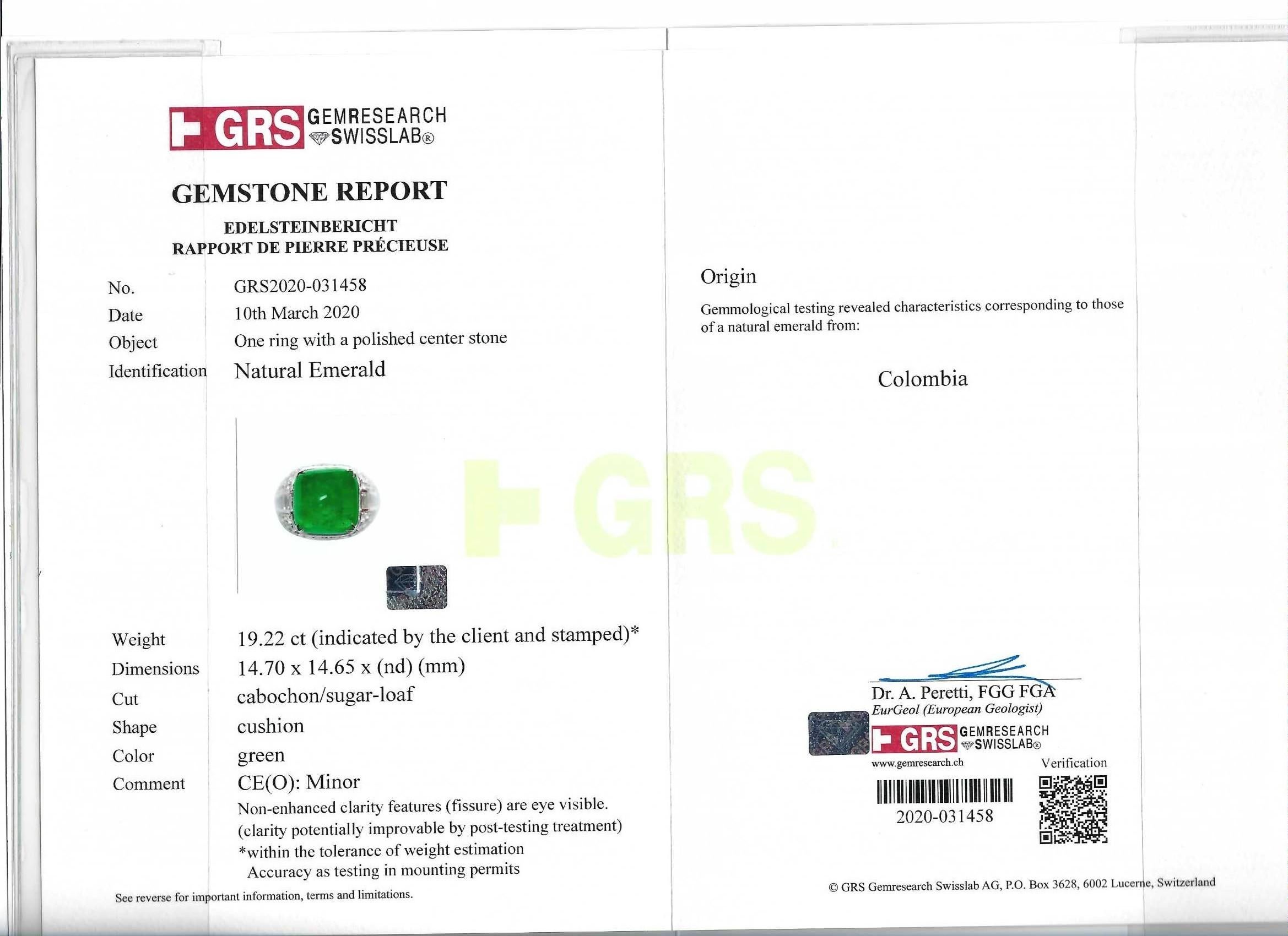 Spectra feiner Schmuck, zertifizierter 19,22 Karat kolumbianischer Smaragd-Diamantring im Zustand „Neu“ im Angebot in New York, NY