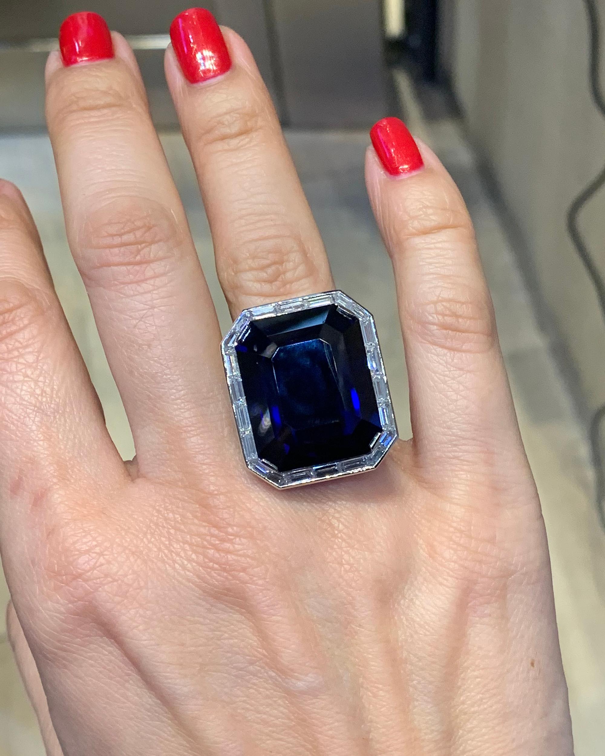 Emerald Cut Spectra Fine Jewelry, Certified 37.13 Carat Sapphire Diamond Cocktail Ring For Sale