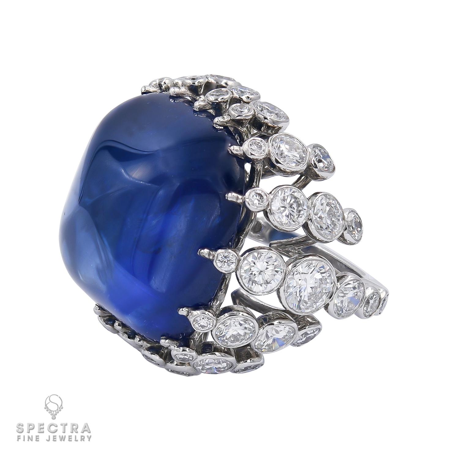 Sugarloaf Cabochon Spectra Fine Jewelry Certified 43.22 Carat Ceylon Sapphire Diamond Ring For Sale