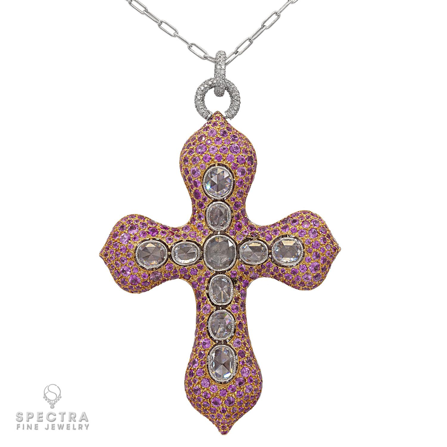 Presenting our stunning reversible Cross Pendant Necklace. Crafted with love and adorned with elegance, this unique piece features 10 conch pearls and white diamonds pave on one side, while flipping it reveals the mesmerizing beauty of 10 rose-cut