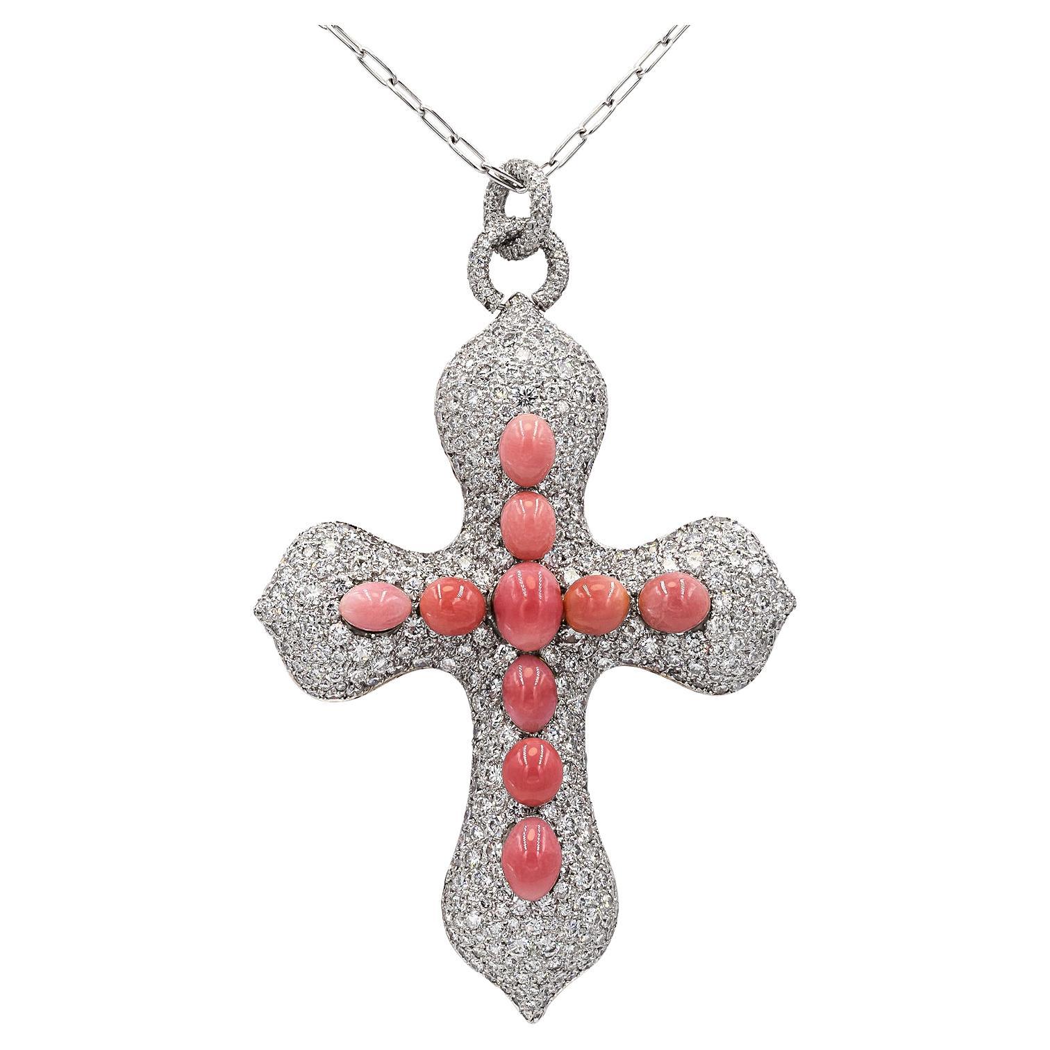 Spectra Fine Jewelry Conch Pearl Diamond Cross Pendant Necklace For Sale