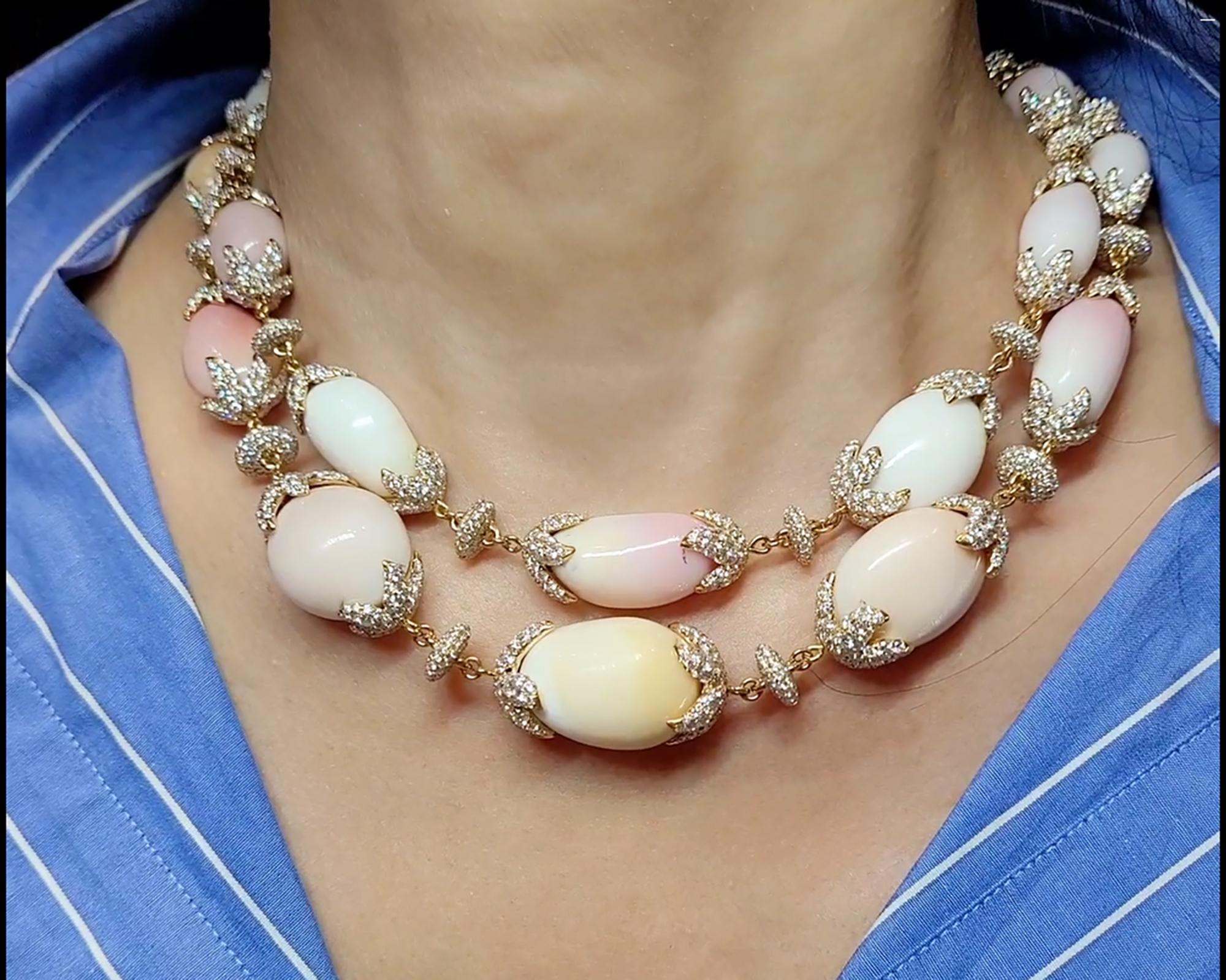 Oval Cut Spectra Fine Jewelry Conch Pearl Diamond Double-Strand Necklace For Sale