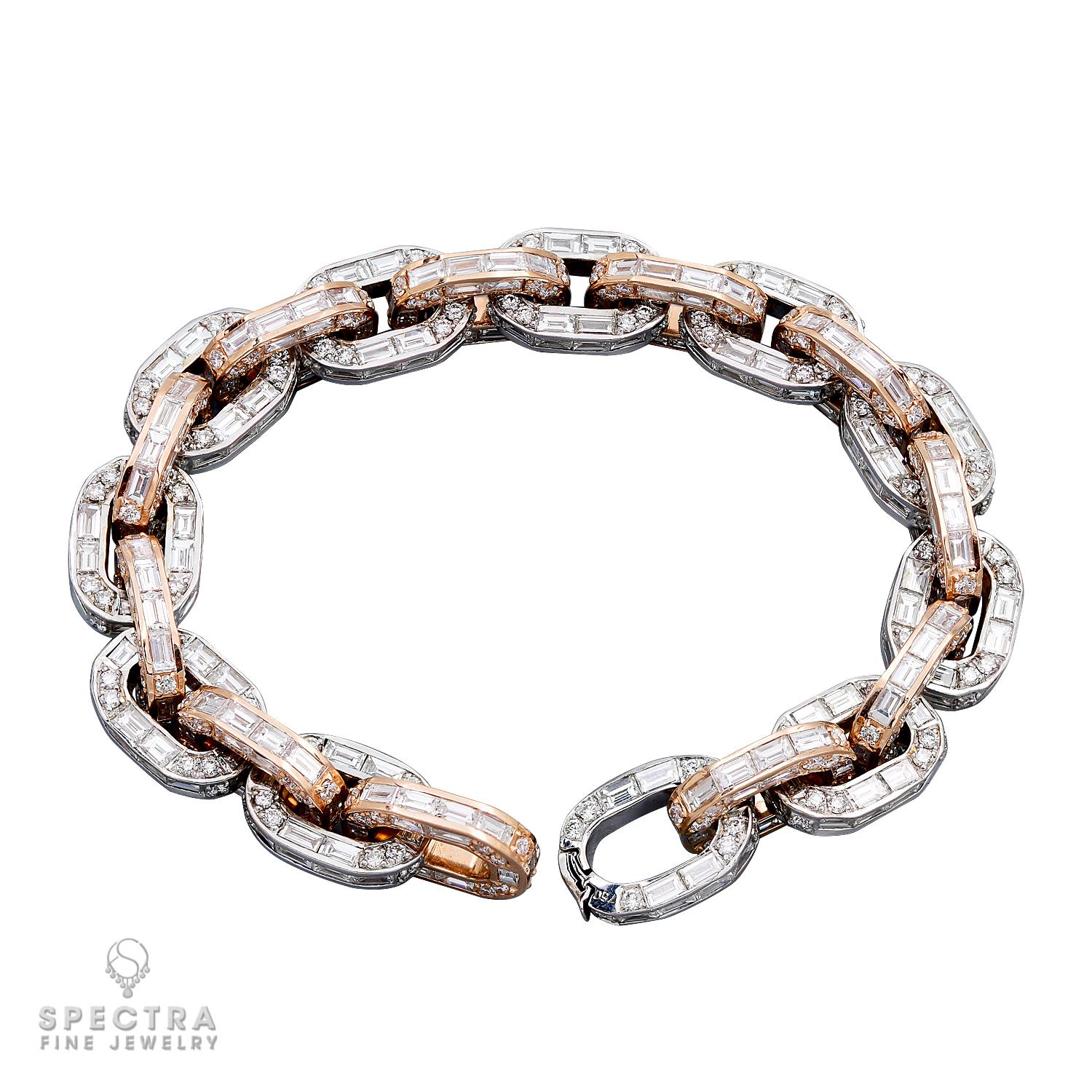 Experience the epitome of minimalistic luxury fused with dazzling diamonds, repeating motifs, and balanced geometric shapes in the Contemporary Diamond 18k Gold Link Bracelet by Spectra Fine Jewelry. Crafted in the 21st century, this bracelet