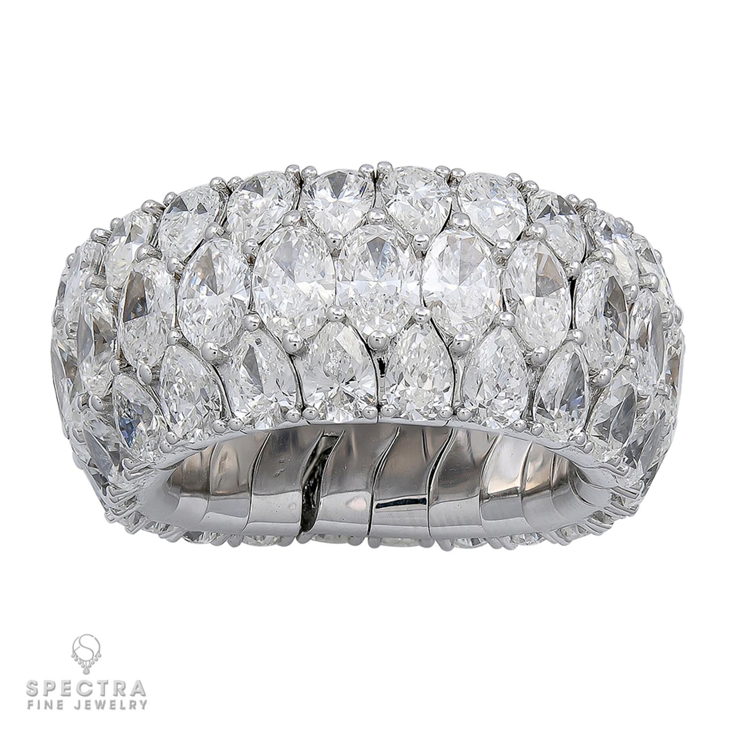A unique piece of jewelry, designed as a flexible band ring. No need to adjust size.
The ring is featuring marquise and pear shape diamonds, weighing a total of 10.64 carats.
The diamonds are mostly with F-G color, VS clarity.
Metal is 18k white
